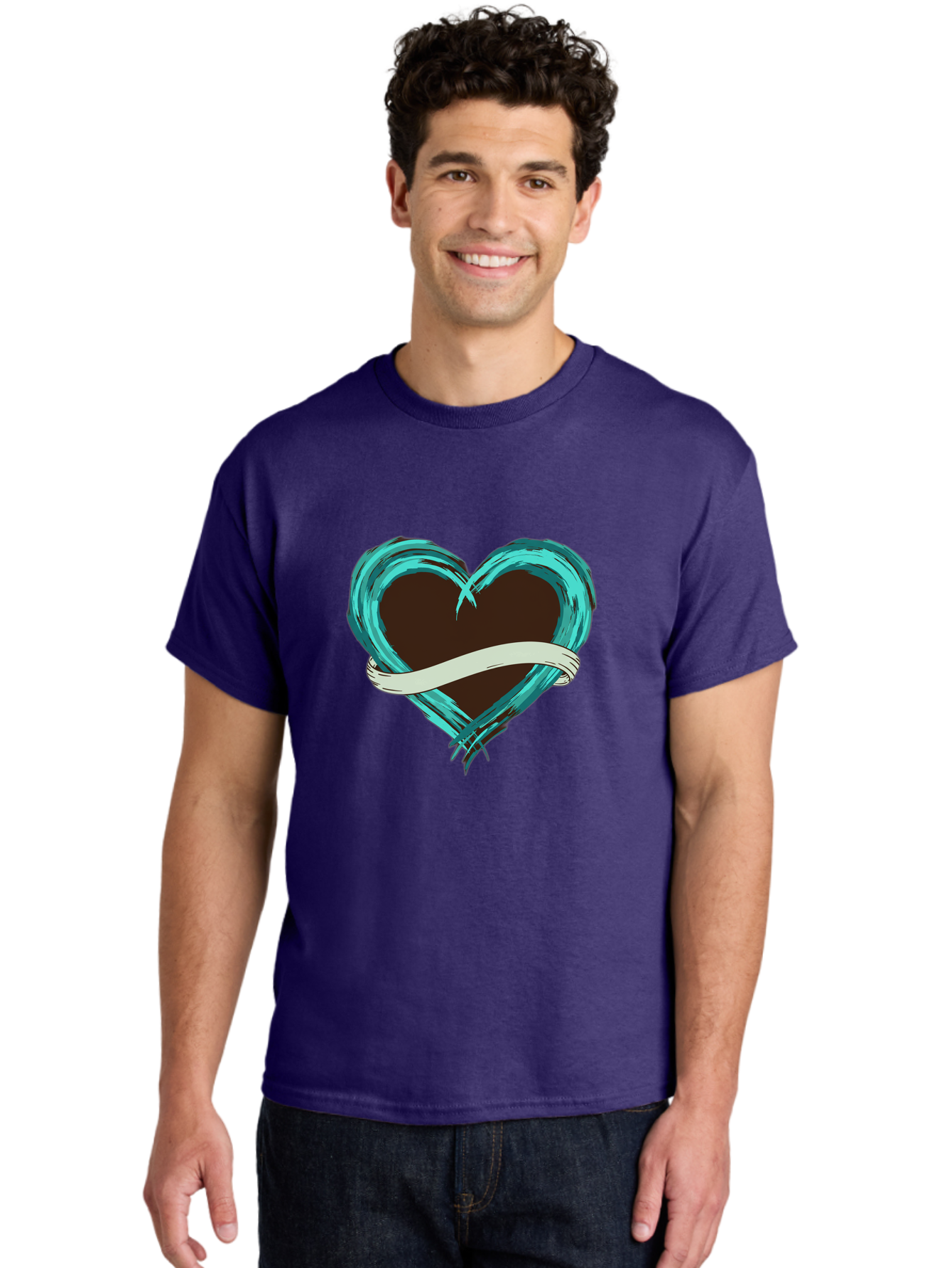 Turquoise-Heart-With-Ribbon Men'S Graphic Tee, 100% Cotton, Comfortable Casual Summer Wear, Machine Washable, Turquoise Heart, Ribbon Banner, Love Symbol, Heart Shape, Blue Heart, Artistic Design, Heart Illustration, Ribbon Wrapped Heart, Bae322