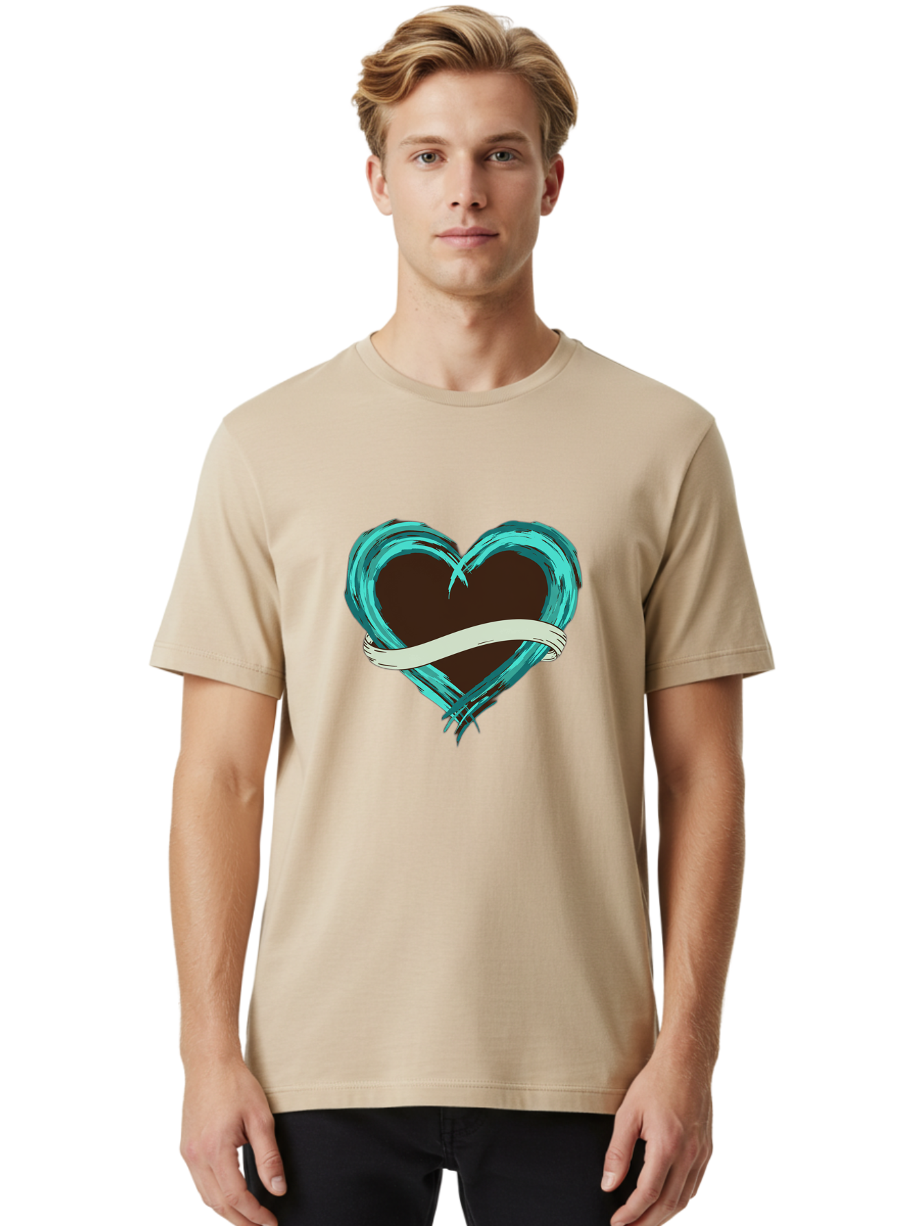 Turquoise-Heart-With-Ribbon Men'S Graphic Tee, 100% Cotton, Comfortable Casual Summer Wear, Machine Washable, Turquoise Heart, Ribbon Banner, Love Symbol, Heart Shape, Blue Heart, Artistic Design, Heart Illustration, Ribbon Wrapped Heart, Bae322