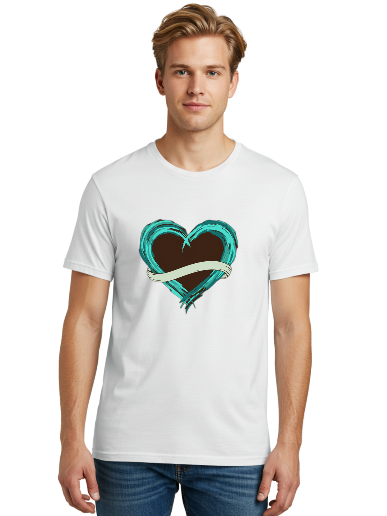Turquoise-Heart-With-Ribbon Men'S Graphic Tee, 100% Cotton, Comfortable Casual Summer Wear, Machine Washable, Turquoise Heart, Ribbon Banner, Love Symbol, Heart Shape, Blue Heart, Artistic Design, Heart Illustration, Ribbon Wrapped Heart, Bae322