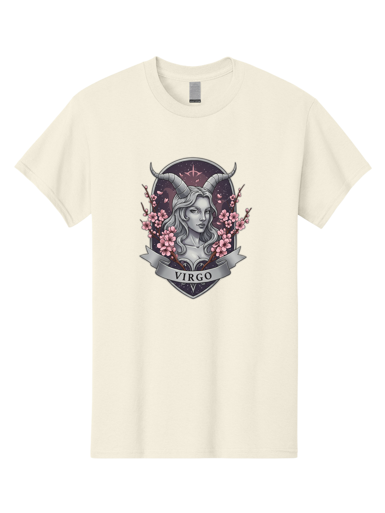 Virgo-1 Men'S Graphic Tee, 100% Cotton, Comfortable Casual Summer Wear, Machine Washable, Virgo Zodiac Sign, Woman With Horns, Cherry Blossoms, Astrology Symbol, Mystical Illustration, Mystical Art, Feminine Energy, Cosmic Design, Stars, Bae323