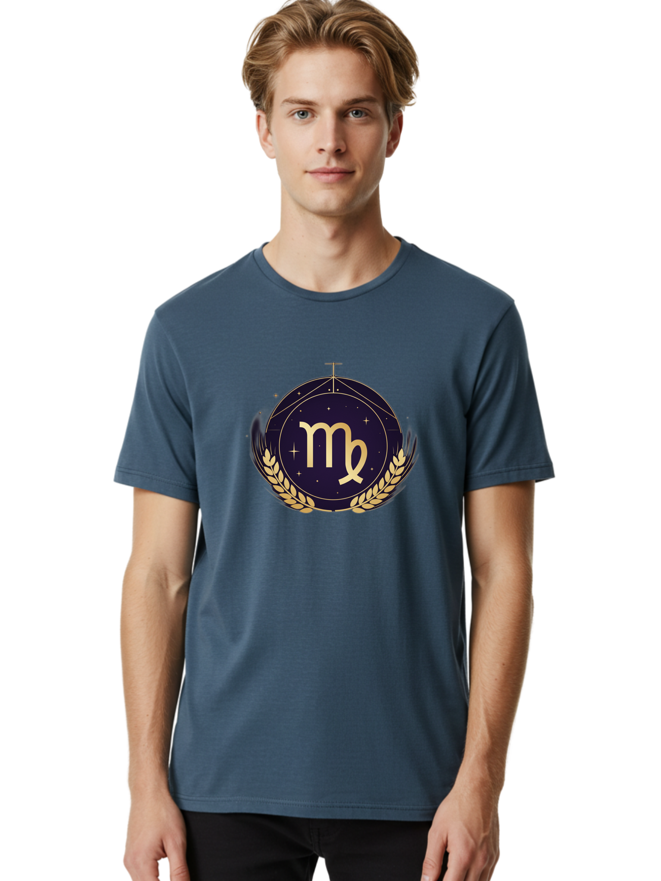 Virgo-Zodiac-Symbol Men'S Graphic Tee, 100% Cotton, Comfortable Casual Summer Wear, Machine Washable, Virgo Zodiac Sign, Astrology Symbol, Gold Laurel Wreath, Celestial Theme, Mystical Design, Horoscope Icon, Starry Night Sky Bae325