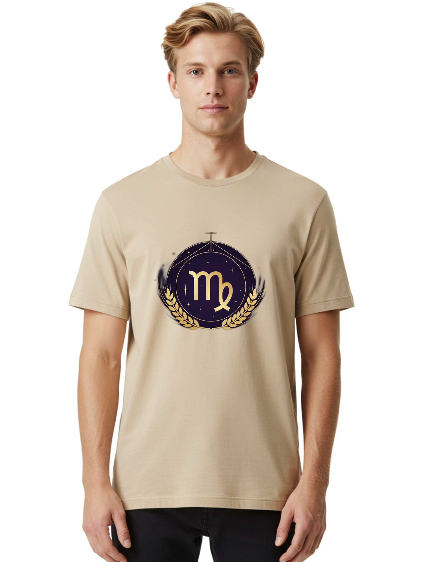 Virgo-Zodiac-Symbol Men'S Graphic Tee, 100% Cotton, Comfortable Casual Summer Wear, Machine Washable, Virgo Zodiac Sign, Astrology Symbol, Gold Laurel Wreath, Celestial Theme, Mystical Design, Horoscope Icon, Starry Night Sky Bae325