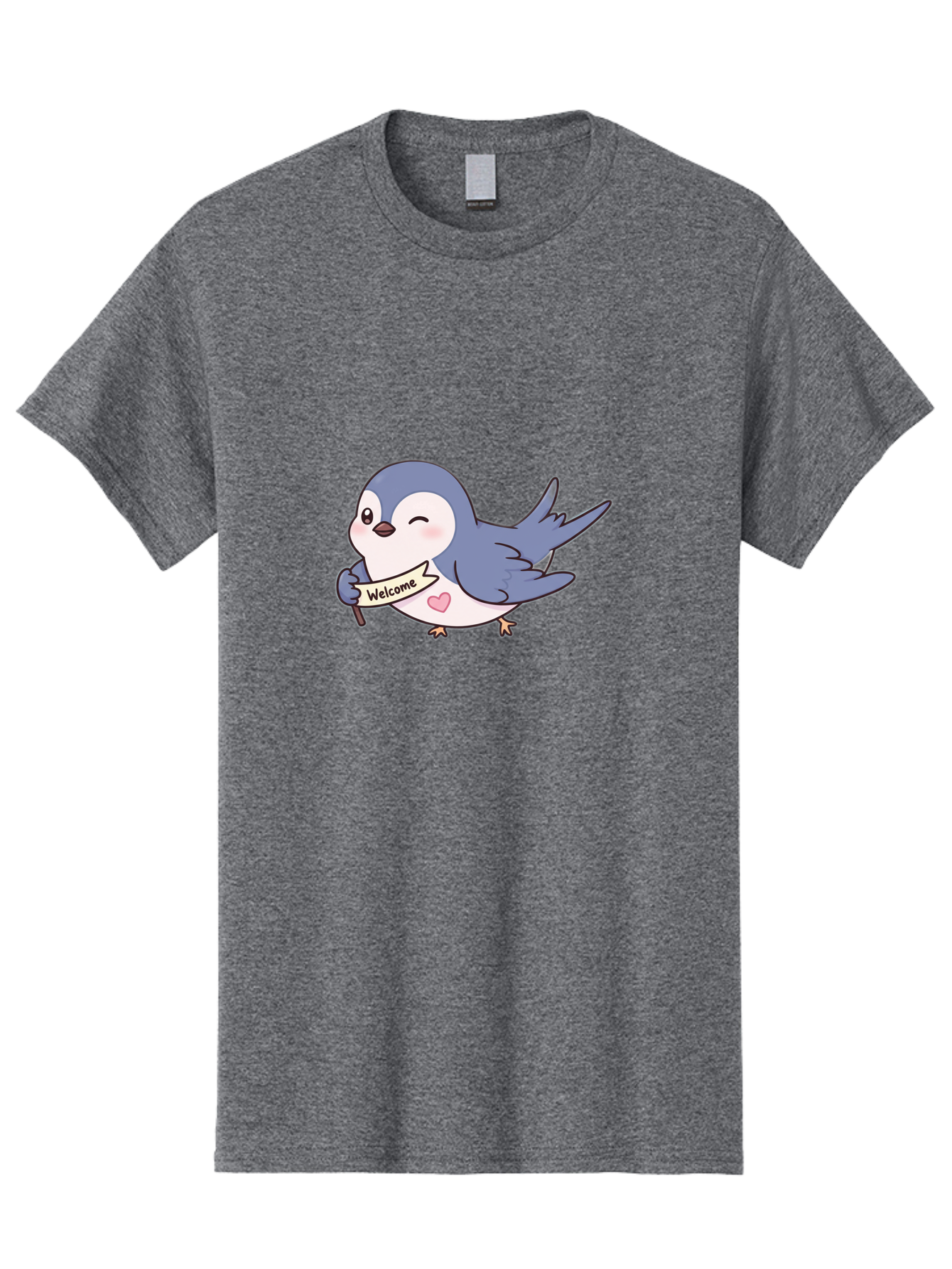 Welcome-Bird Men'S Graphic Tee, 100% Cotton, Comfortable Casual Summer Wear, Machine Washable, Bird Holding Welcome Sign, Cartoon Bird, Cute Bird, Heart On Bird, Welcome Message, Friendly Bird, Adorable Creature, Kawaii Bird Bae327