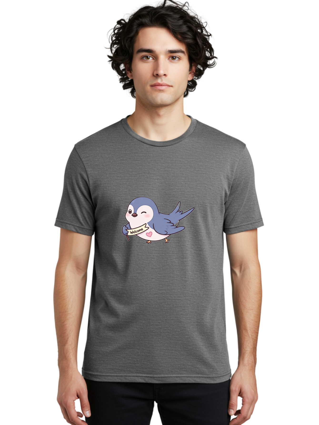 Welcome-Bird Men'S Graphic Tee, 100% Cotton, Comfortable Casual Summer Wear, Machine Washable, Bird Holding Welcome Sign, Cartoon Bird, Cute Bird, Heart On Bird, Welcome Message, Friendly Bird, Adorable Creature, Kawaii Bird Bae327