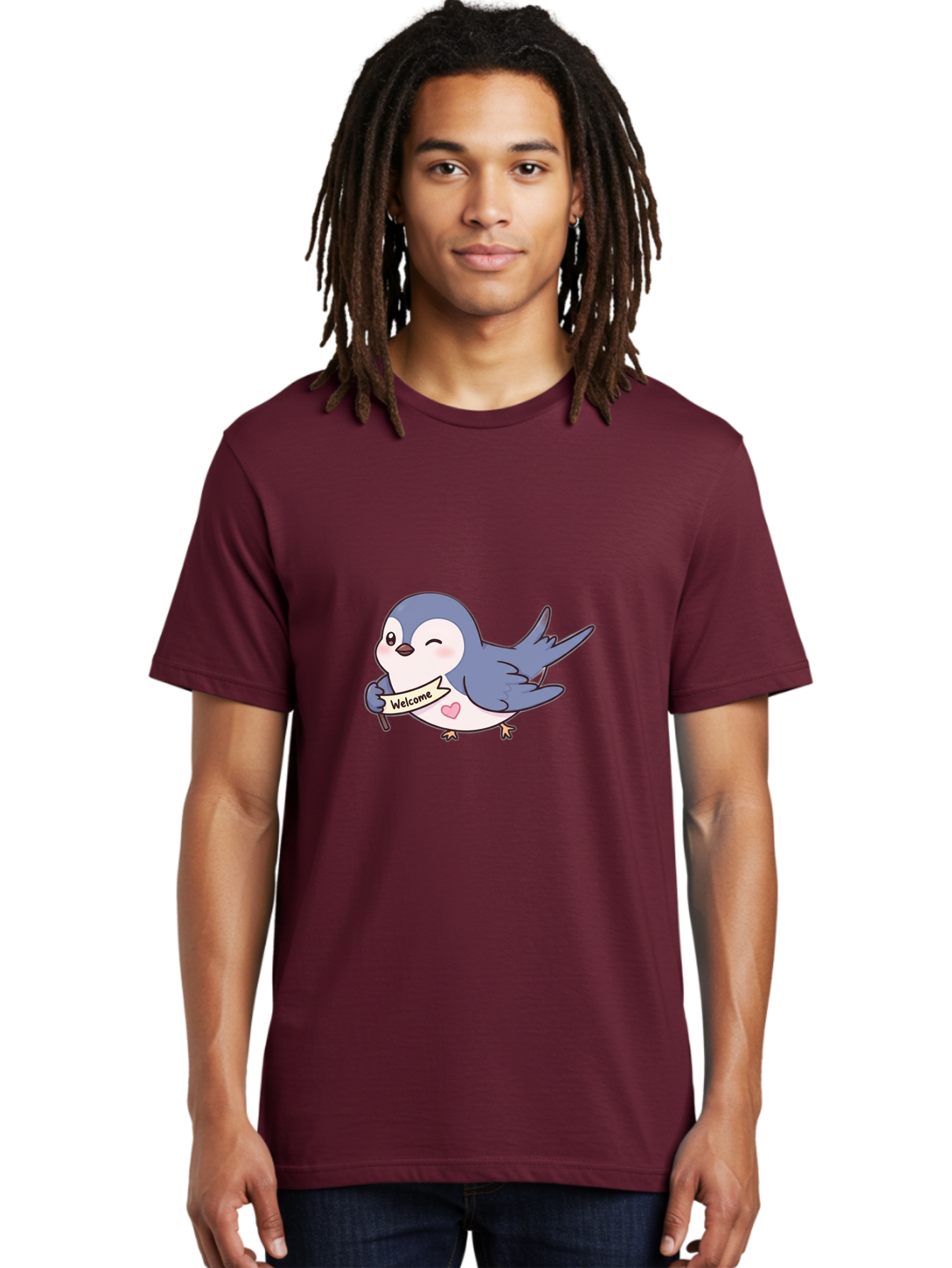 Welcome-Bird Men'S Graphic Tee, 100% Cotton, Comfortable Casual Summer Wear, Machine Washable, Bird Holding Welcome Sign, Cartoon Bird, Cute Bird, Heart On Bird, Welcome Message, Friendly Bird, Adorable Creature, Kawaii Bird Bae327