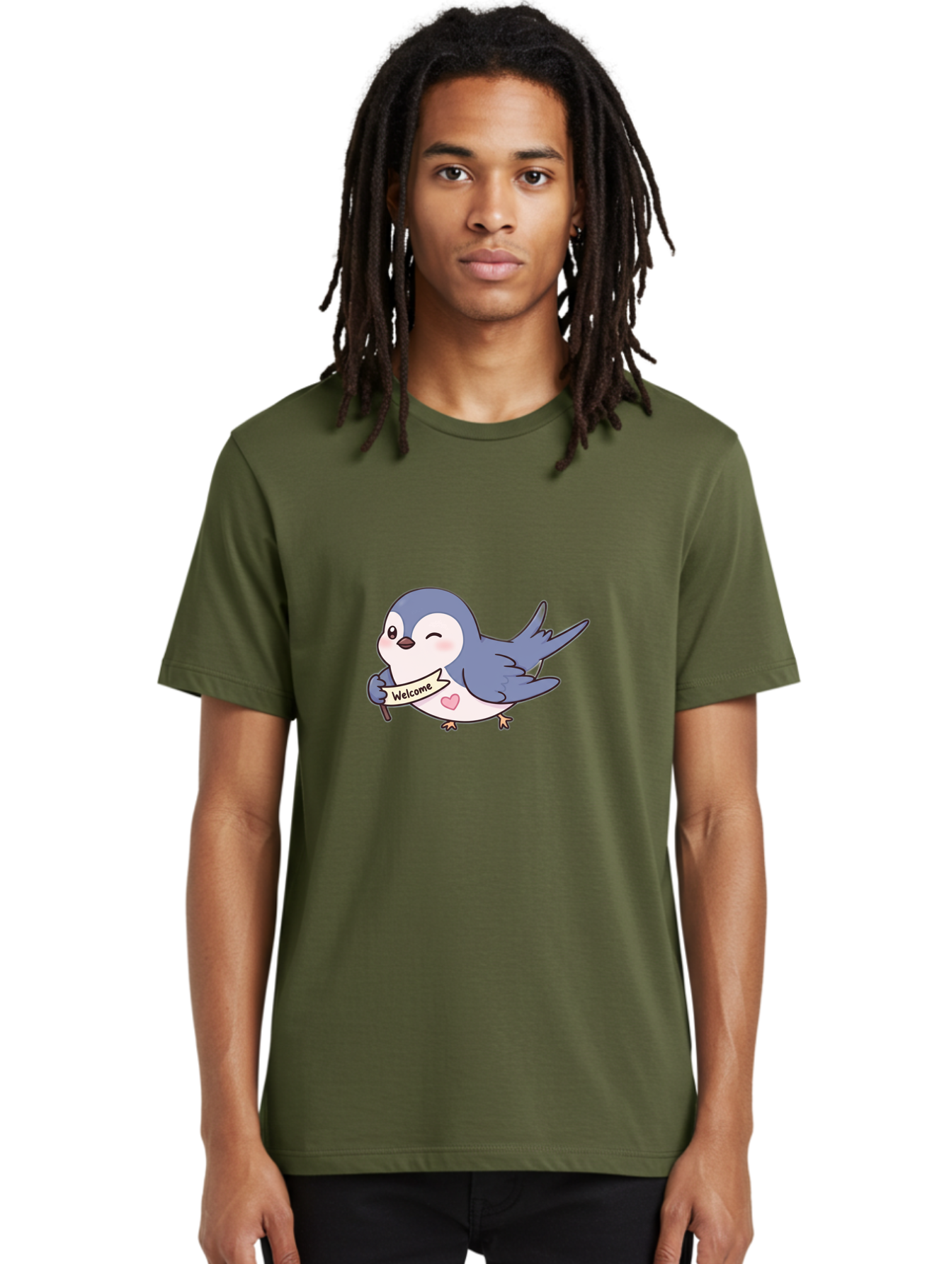 Welcome-Bird Men'S Graphic Tee, 100% Cotton, Comfortable Casual Summer Wear, Machine Washable, Bird Holding Welcome Sign, Cartoon Bird, Cute Bird, Heart On Bird, Welcome Message, Friendly Bird, Adorable Creature, Kawaii Bird Bae327