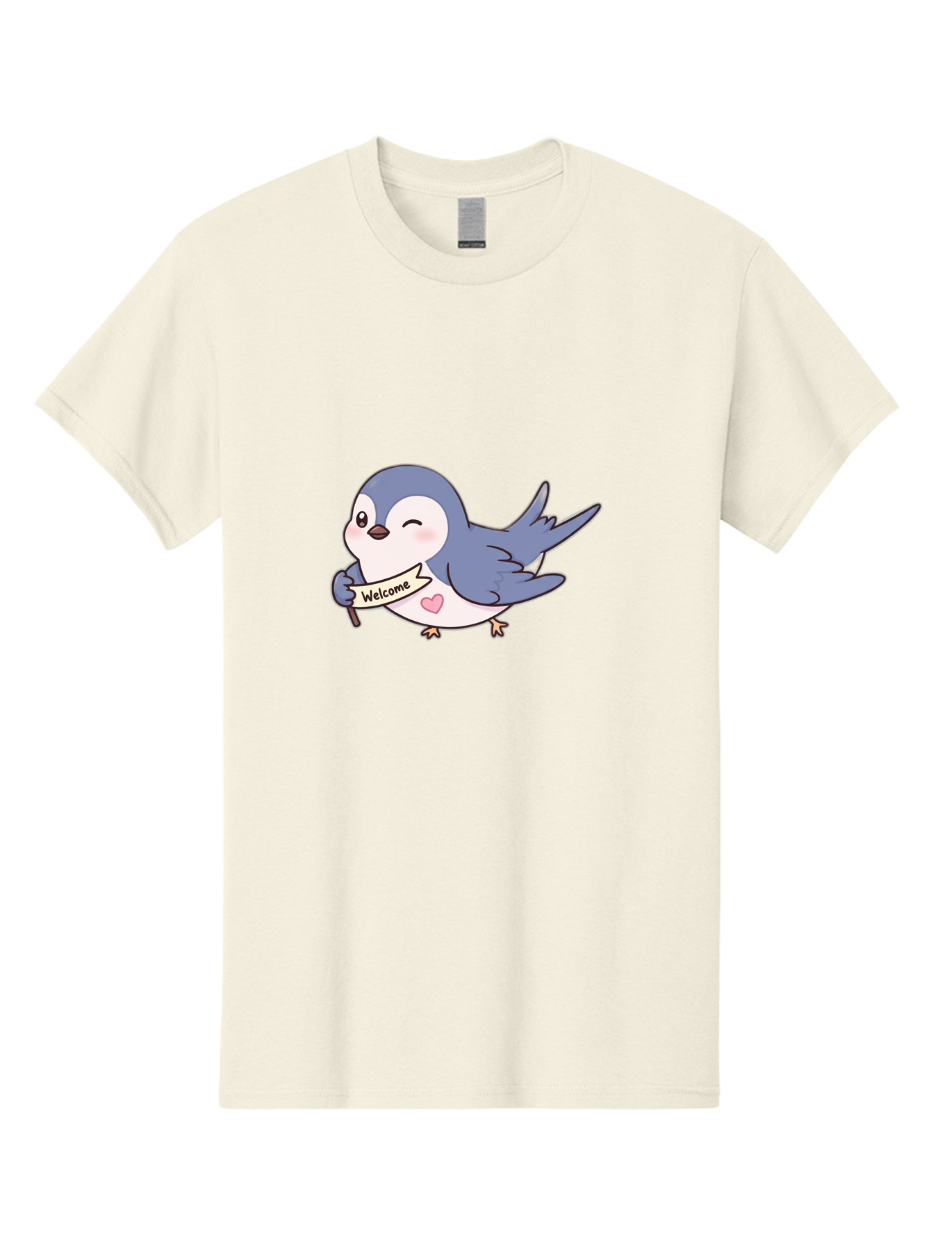 Welcome-Bird Men'S Graphic Tee, 100% Cotton, Comfortable Casual Summer Wear, Machine Washable, Bird Holding Welcome Sign, Cartoon Bird, Cute Bird, Heart On Bird, Welcome Message, Friendly Bird, Adorable Creature, Kawaii Bird Bae327