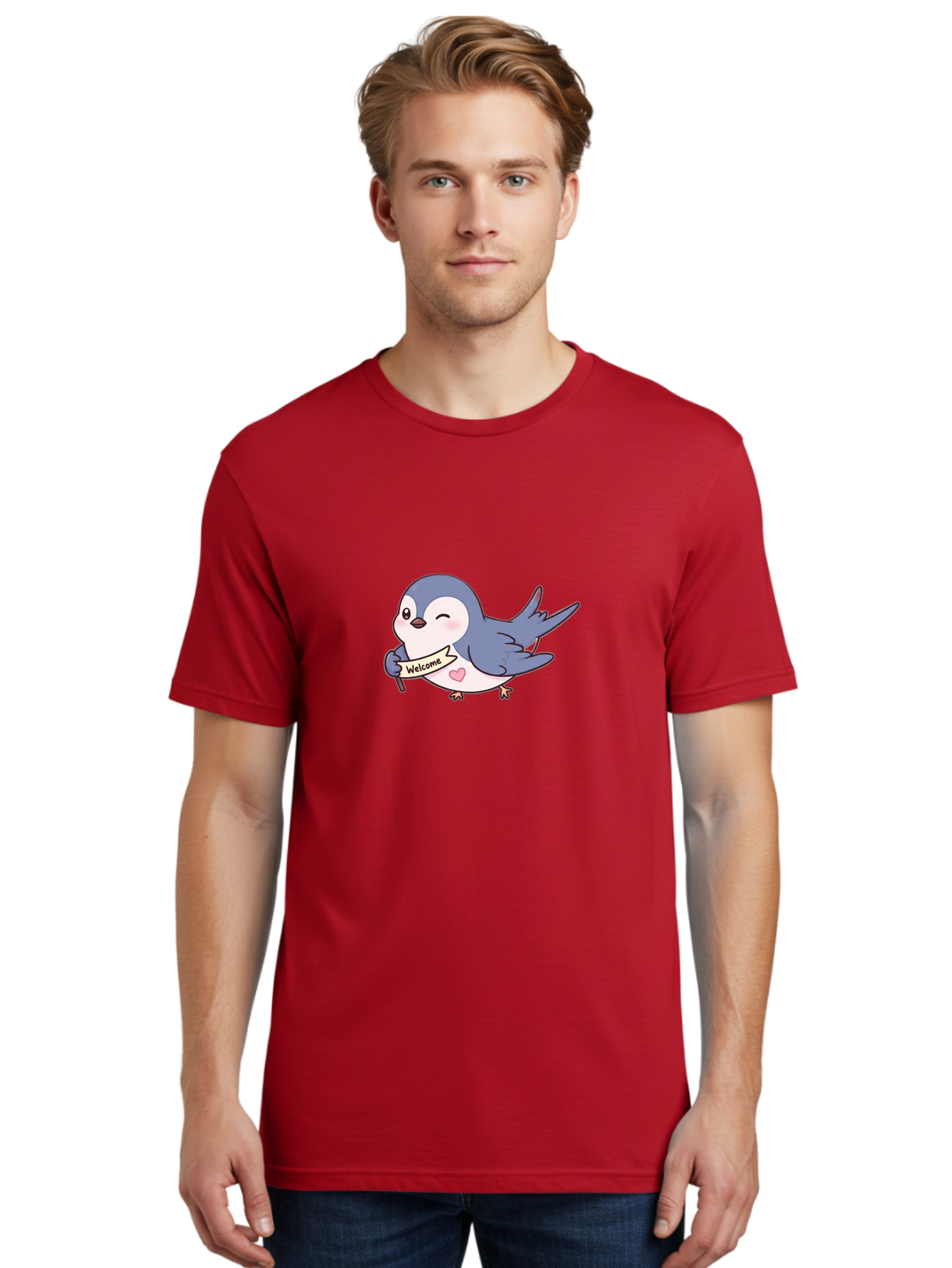 Welcome-Bird Men'S Graphic Tee, 100% Cotton, Comfortable Casual Summer Wear, Machine Washable, Bird Holding Welcome Sign, Cartoon Bird, Cute Bird, Heart On Bird, Welcome Message, Friendly Bird, Adorable Creature, Kawaii Bird Bae327