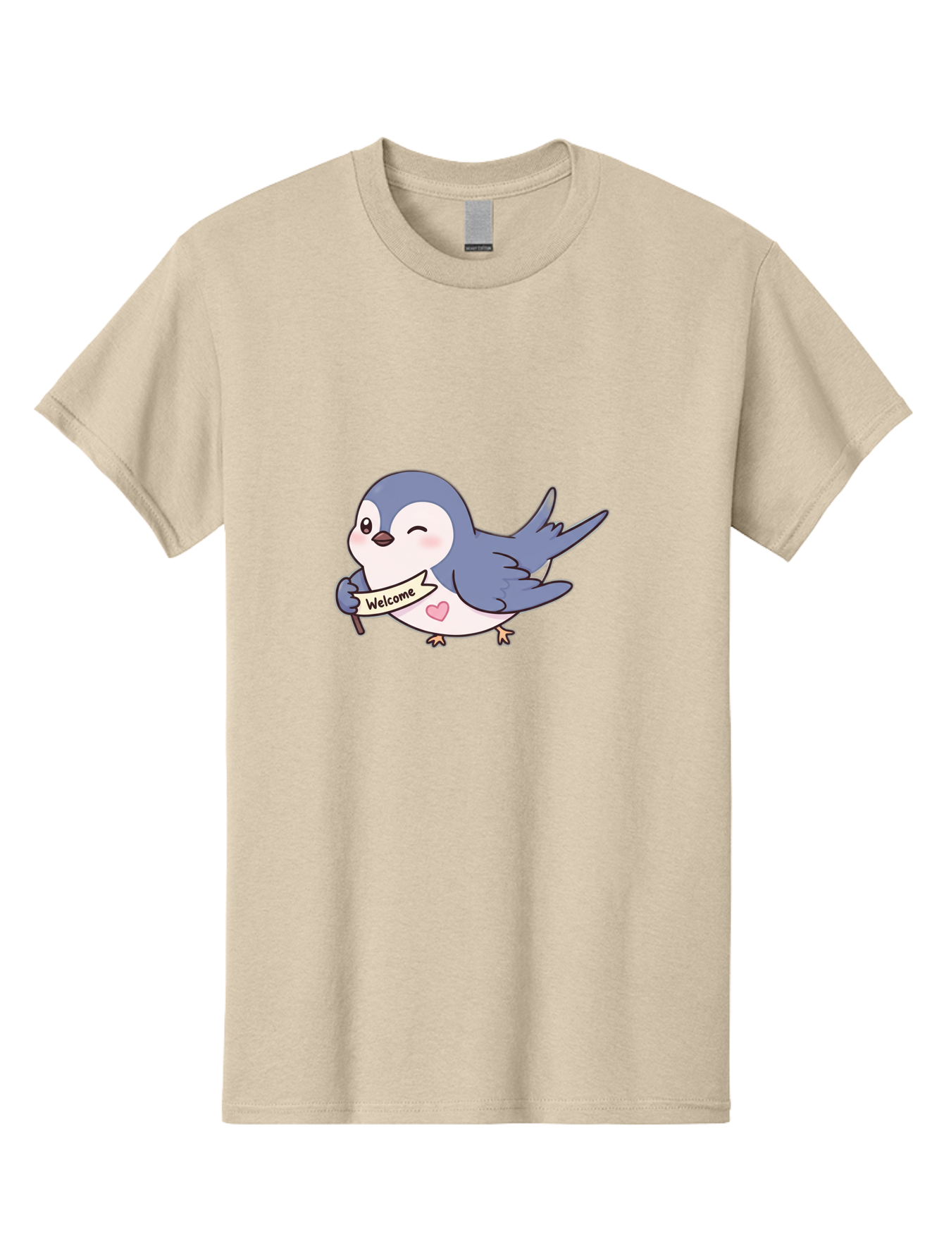 Welcome-Bird Men'S Graphic Tee, 100% Cotton, Comfortable Casual Summer Wear, Machine Washable, Bird Holding Welcome Sign, Cartoon Bird, Cute Bird, Heart On Bird, Welcome Message, Friendly Bird, Adorable Creature, Kawaii Bird Bae327