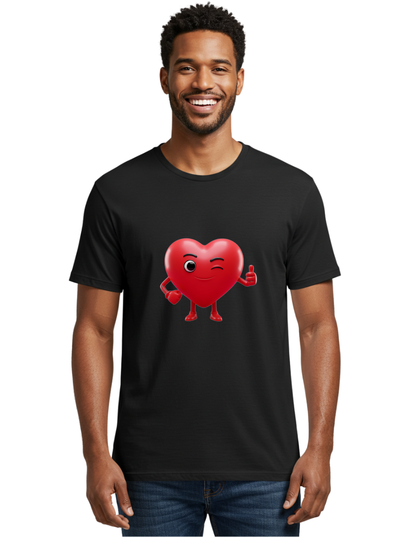 Winking-Heart Men'S Graphic Tee, 100% Cotton, Comfortable Casual Summer Wear, Machine Washable, Heart Character, Heart With Face, Love Emoji, Heart Eyes, Heart Thumbs Up, Red Heart Bae328