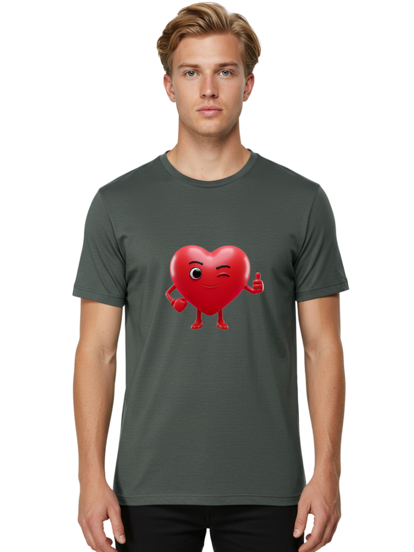 Winking-Heart Men'S Graphic Tee, 100% Cotton, Comfortable Casual Summer Wear, Machine Washable, Heart Character, Heart With Face, Love Emoji, Heart Eyes, Heart Thumbs Up, Red Heart Bae328