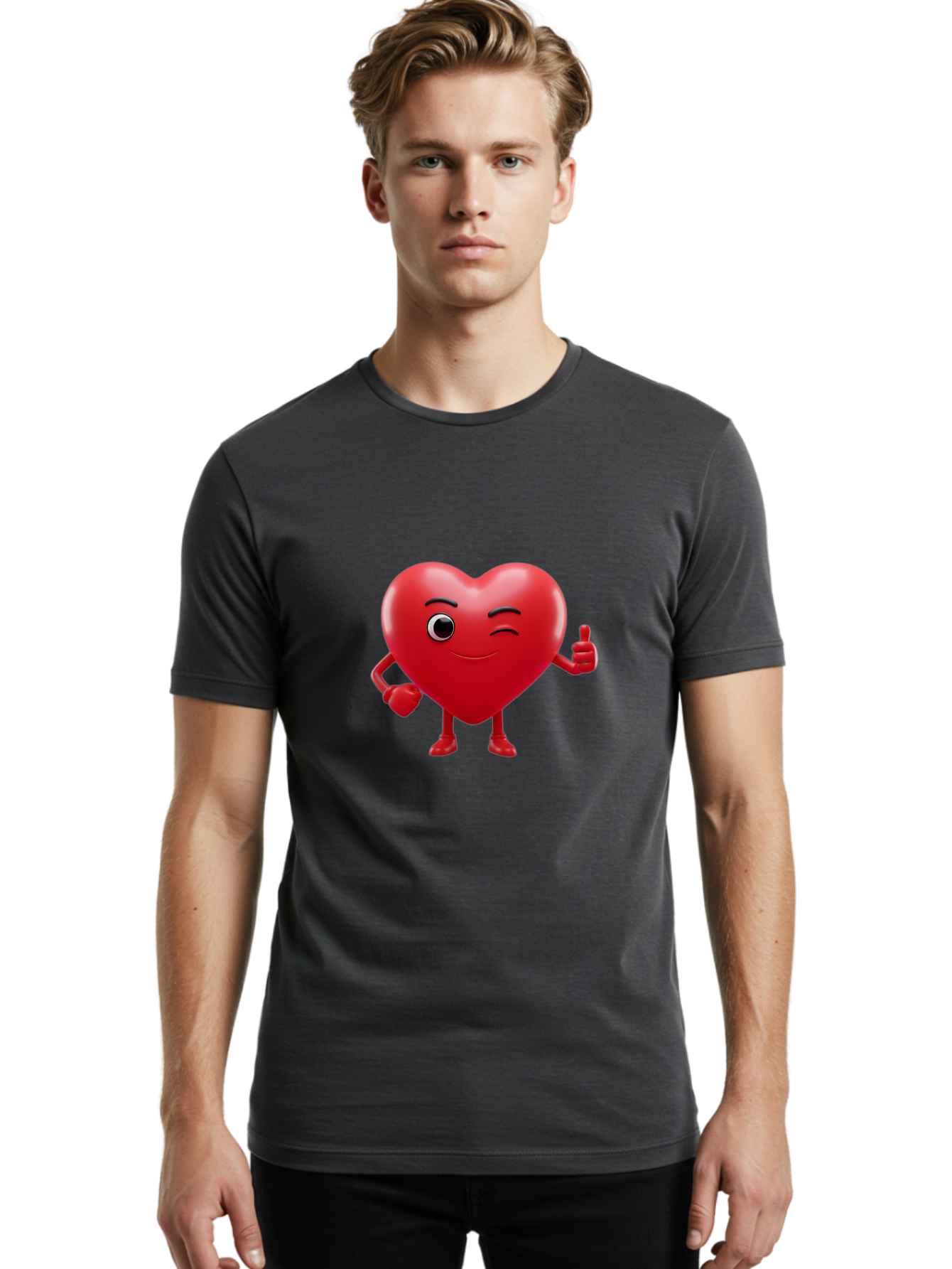 Winking-Heart Men'S Graphic Tee, 100% Cotton, Comfortable Casual Summer Wear, Machine Washable, Heart Character, Heart With Face, Love Emoji, Heart Eyes, Heart Thumbs Up, Red Heart Bae328