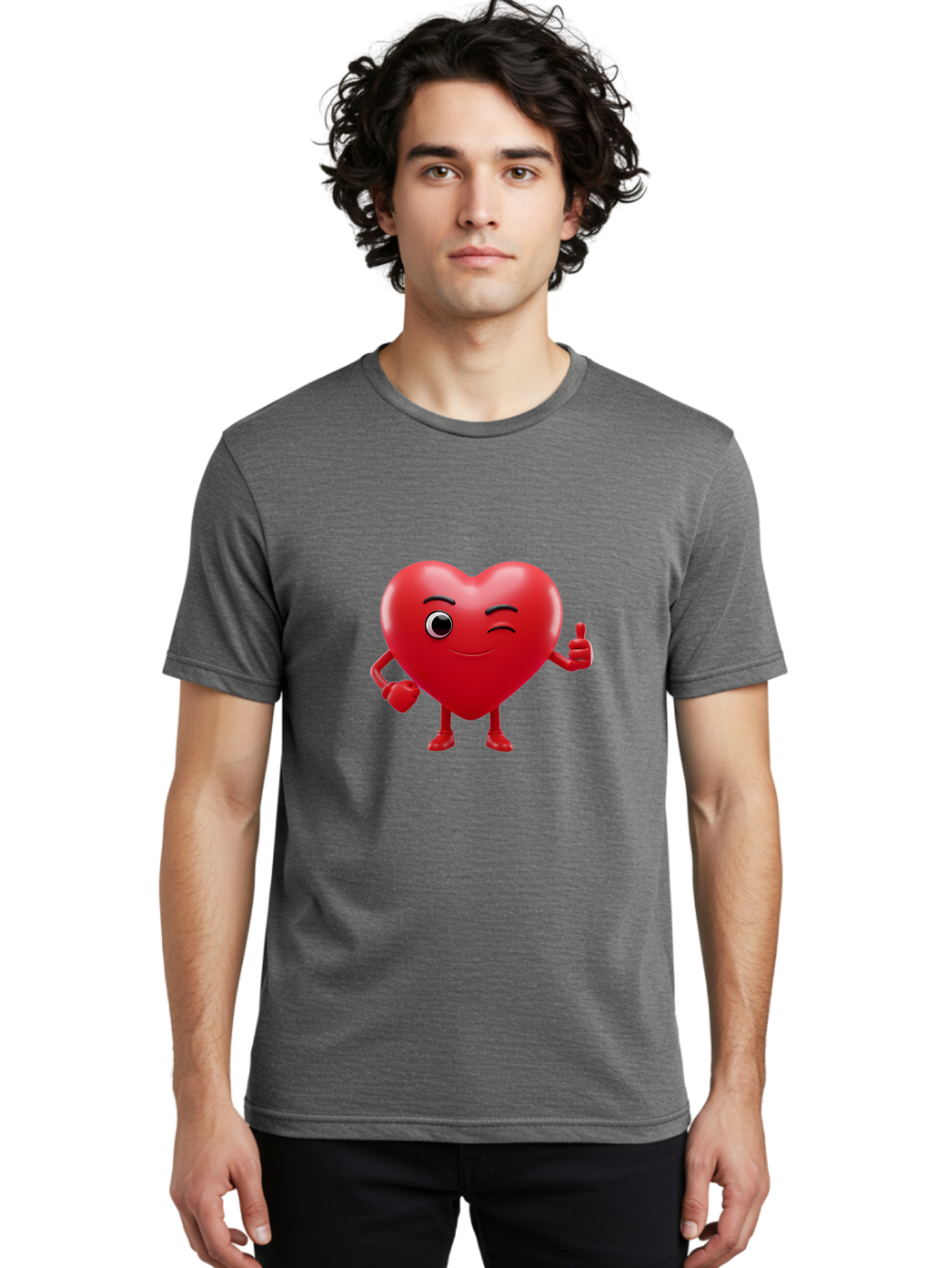 Winking-Heart Men'S Graphic Tee, 100% Cotton, Comfortable Casual Summer Wear, Machine Washable, Heart Character, Heart With Face, Love Emoji, Heart Eyes, Heart Thumbs Up, Red Heart Bae328