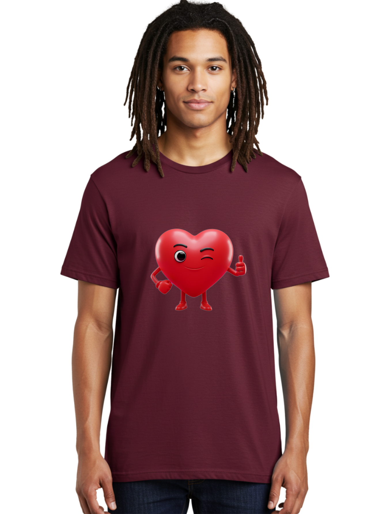 Winking-Heart Men'S Graphic Tee, 100% Cotton, Comfortable Casual Summer Wear, Machine Washable, Heart Character, Heart With Face, Love Emoji, Heart Eyes, Heart Thumbs Up, Red Heart Bae328
