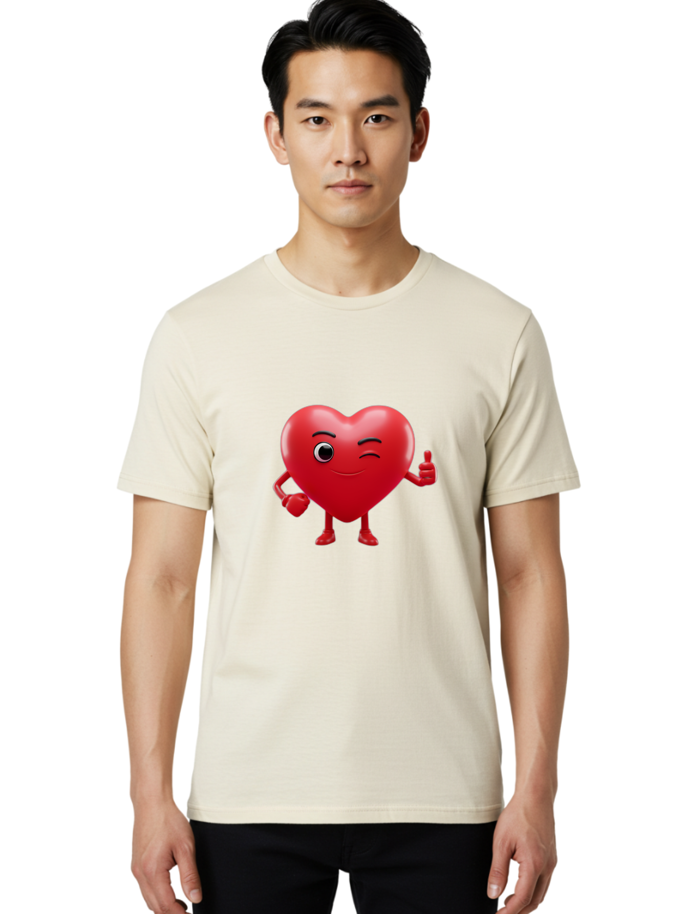 Winking-Heart Men'S Graphic Tee, 100% Cotton, Comfortable Casual Summer Wear, Machine Washable, Heart Character, Heart With Face, Love Emoji, Heart Eyes, Heart Thumbs Up, Red Heart Bae328