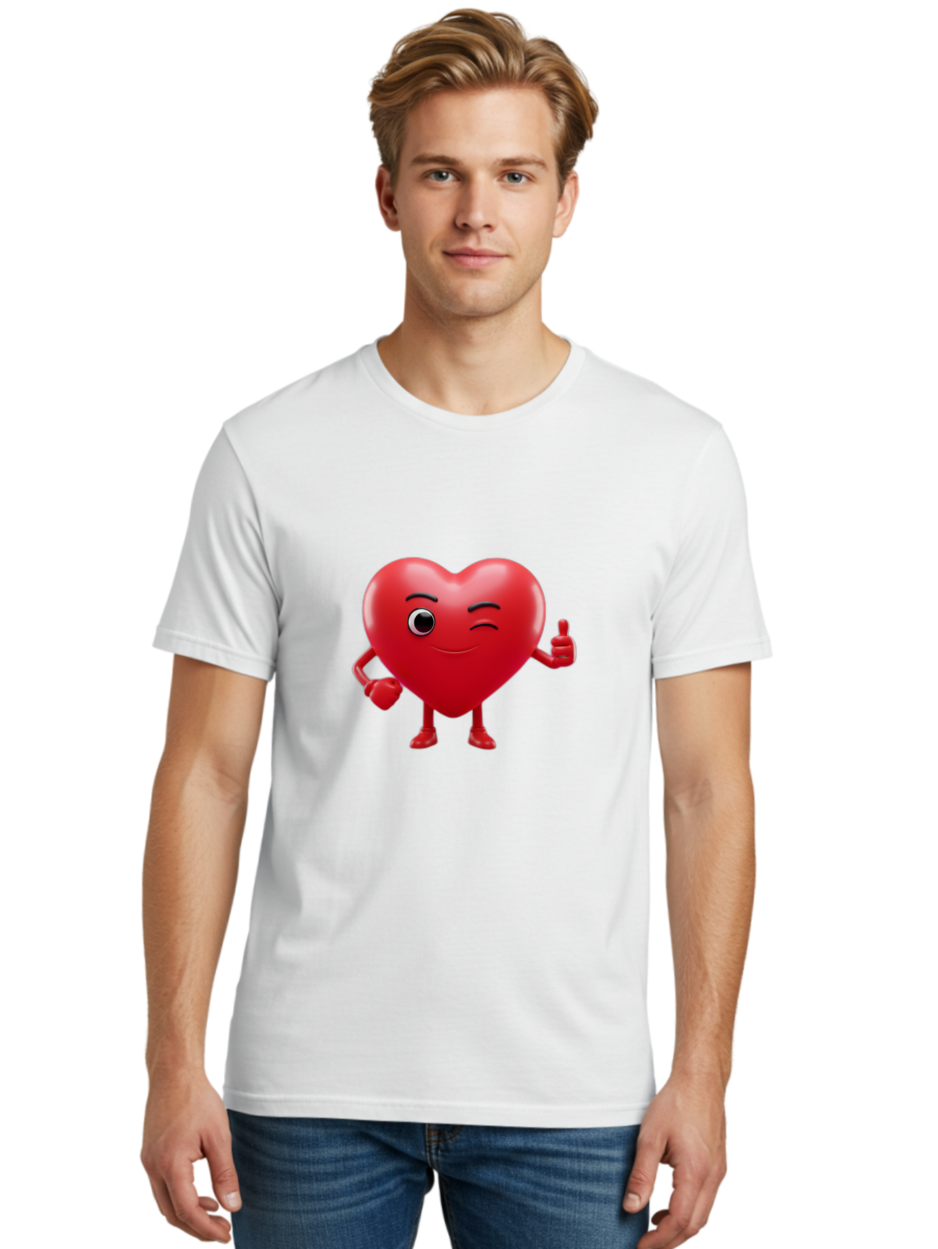 Winking-Heart Men'S Graphic Tee, 100% Cotton, Comfortable Casual Summer Wear, Machine Washable, Heart Character, Heart With Face, Love Emoji, Heart Eyes, Heart Thumbs Up, Red Heart Bae328