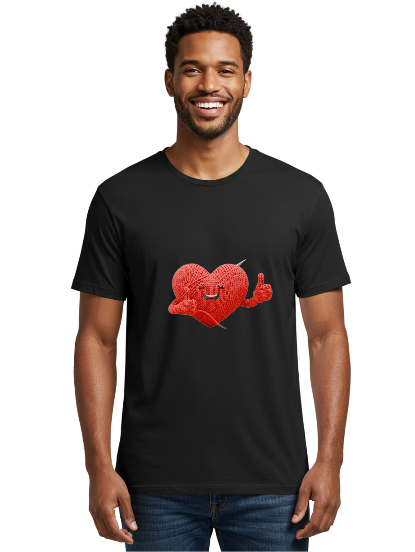 Yarn-Heart Men'S Graphic Tee, 100% Cotton, Comfortable Casual Summer Wear, Machine Washable, Knitted Heart, Cartoon Character, Knitting Yarn, Knitting Needles, Smiling Face, Thumbs Up, Happy Emotion, Creative Design, Quirky Illustration, Bae329