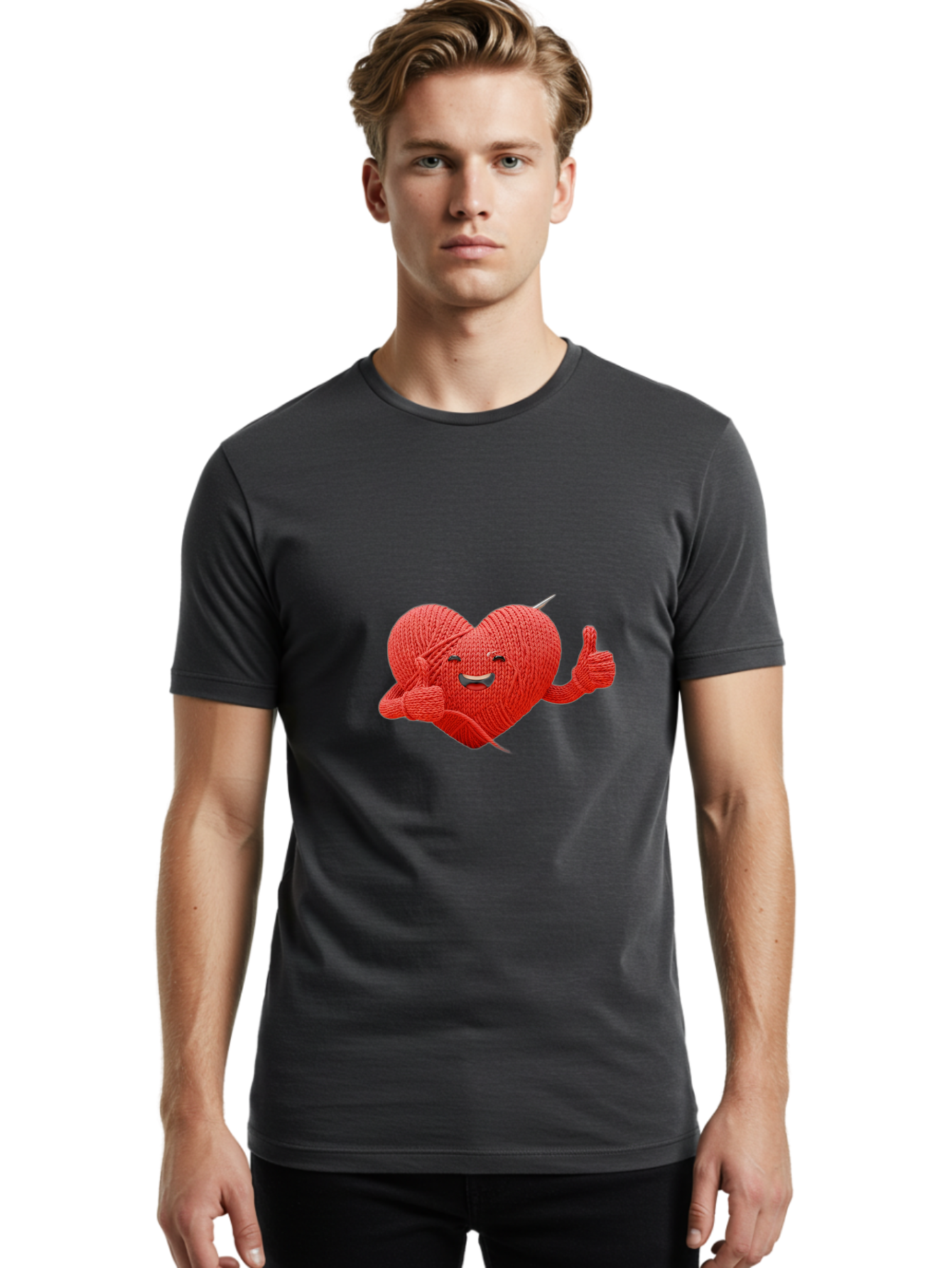 Yarn-Heart Men'S Graphic Tee, 100% Cotton, Comfortable Casual Summer Wear, Machine Washable, Knitted Heart, Cartoon Character, Knitting Yarn, Knitting Needles, Smiling Face, Thumbs Up, Happy Emotion, Creative Design, Quirky Illustration, Bae329