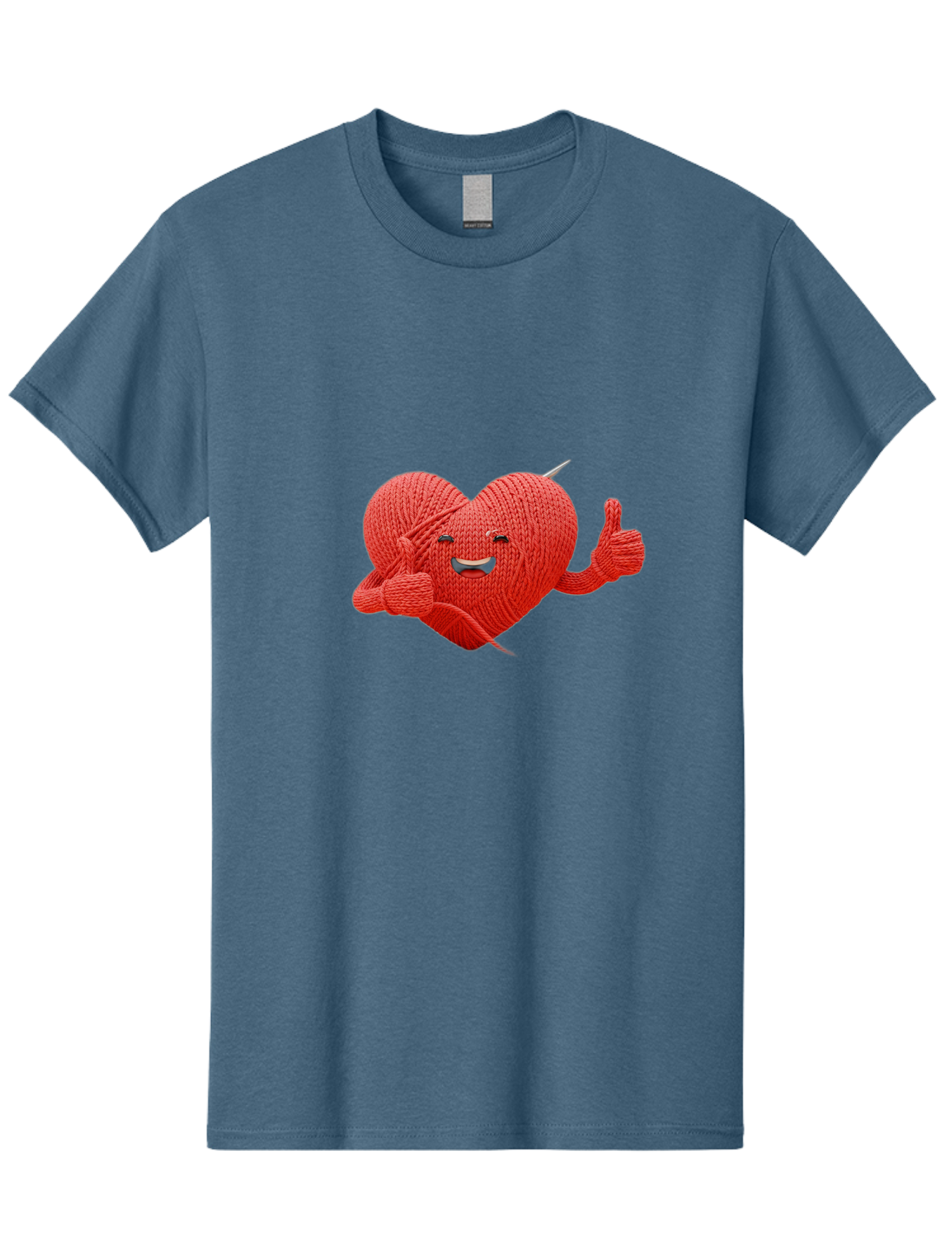 Yarn-Heart Men'S Graphic Tee, 100% Cotton, Comfortable Casual Summer Wear, Machine Washable, Knitted Heart, Cartoon Character, Knitting Yarn, Knitting Needles, Smiling Face, Thumbs Up, Happy Emotion, Creative Design, Quirky Illustration, Bae329