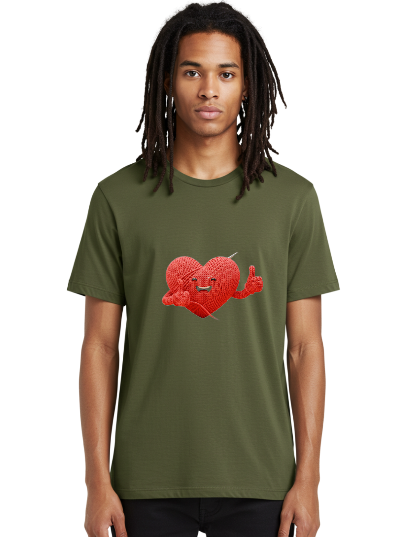 Yarn-Heart Men'S Graphic Tee, 100% Cotton, Comfortable Casual Summer Wear, Machine Washable, Knitted Heart, Cartoon Character, Knitting Yarn, Knitting Needles, Smiling Face, Thumbs Up, Happy Emotion, Creative Design, Quirky Illustration, Bae329