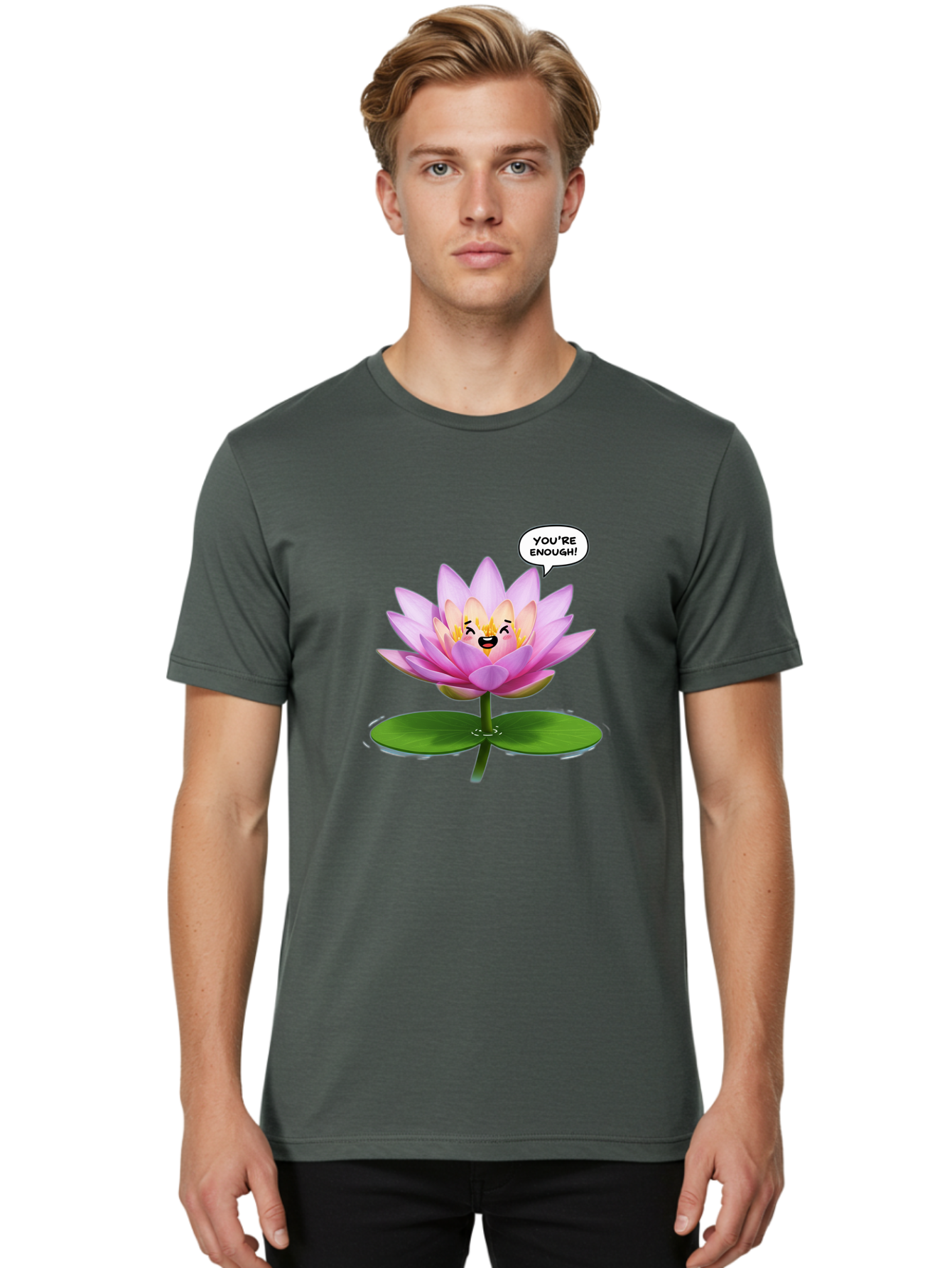You-Re-Enough-Flower Men'S Graphic Tee, 100% Cotton, Comfortable Casual Summer Wear, Machine Washable, Lotus Flower, Inspirational Quote, Positive Affirmation, Self-Love, Motivational Message, You'Re Enough, Emotional Support, Mental Wellness Bae330