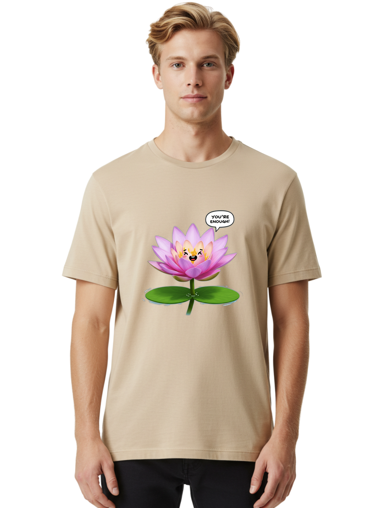 You-Re-Enough-Flower Men'S Graphic Tee, 100% Cotton, Comfortable Casual Summer Wear, Machine Washable, Lotus Flower, Inspirational Quote, Positive Affirmation, Self-Love, Motivational Message, You'Re Enough, Emotional Support, Mental Wellness Bae330
