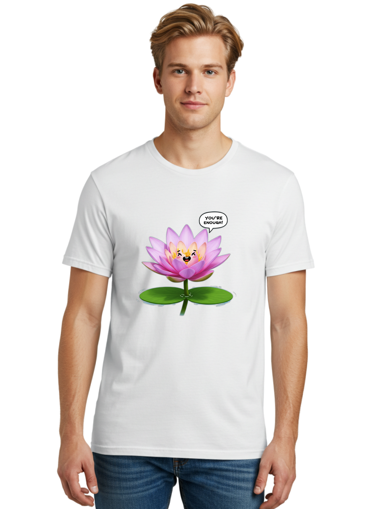 You-Re-Enough-Flower Men'S Graphic Tee, 100% Cotton, Comfortable Casual Summer Wear, Machine Washable, Lotus Flower, Inspirational Quote, Positive Affirmation, Self-Love, Motivational Message, You'Re Enough, Emotional Support, Mental Wellness Bae330