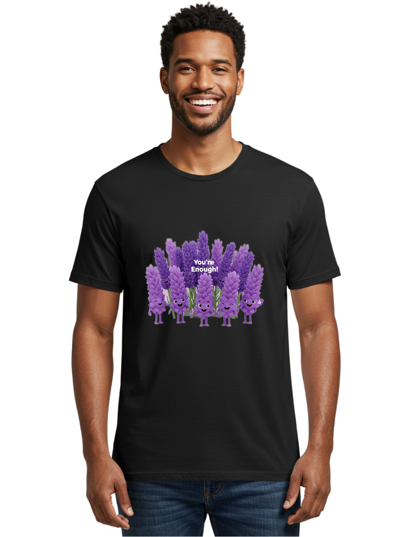You-Re-Enough-Lavender Men'S Graphic Tee, 100% Cotton, Comfortable Casual Summer Wear, Machine Washable, Lavender Flowers, Happy Cartoon Characters, Purple Blooms, Positive Affirmation, You'Re Enough, Self Love, Mental Wellness, Happy Faces Bae331
