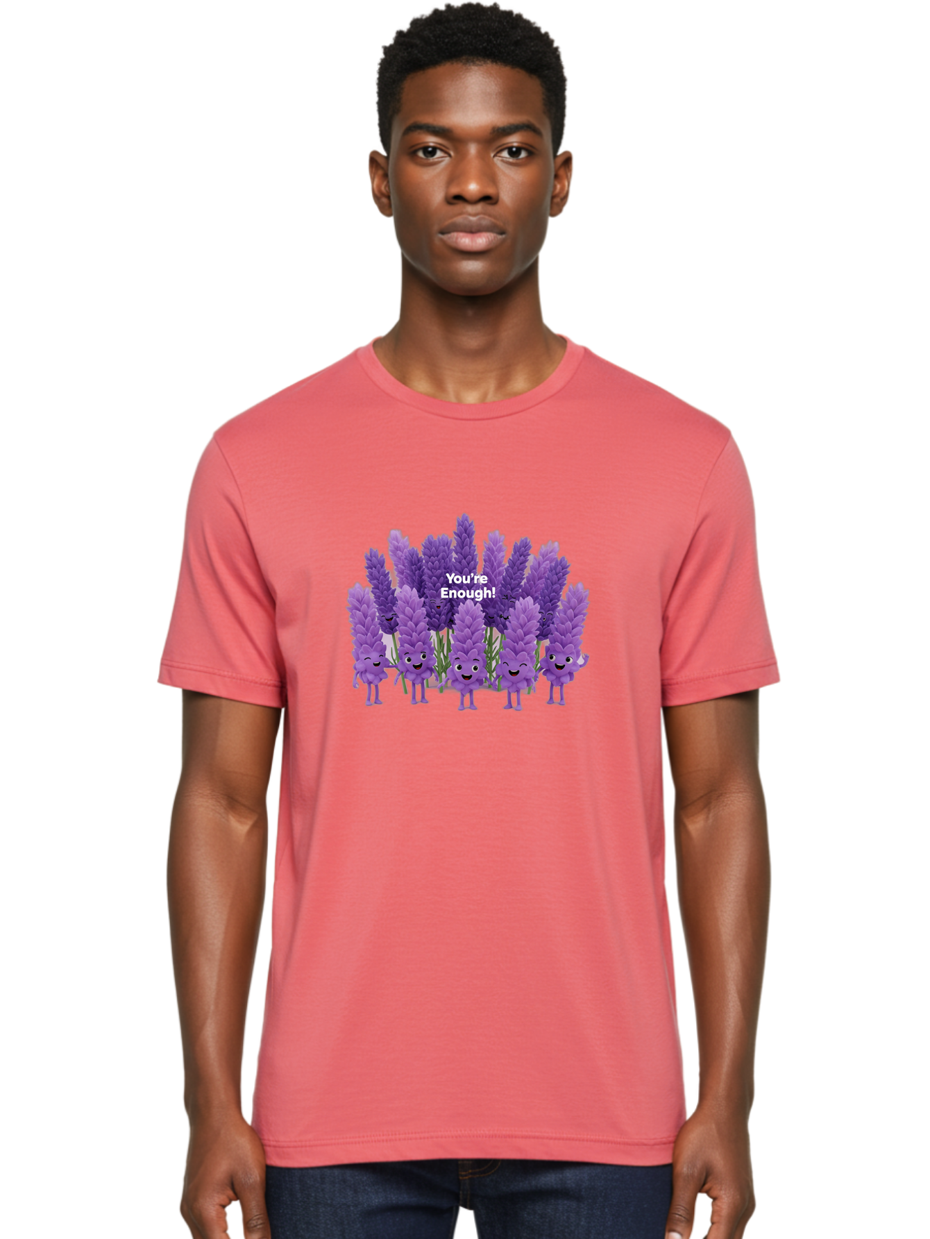 You-Re-Enough-Lavender Men'S Graphic Tee, 100% Cotton, Comfortable Casual Summer Wear, Machine Washable, Lavender Flowers, Happy Cartoon Characters, Purple Blooms, Positive Affirmation, You'Re Enough, Self Love, Mental Wellness, Happy Faces Bae331