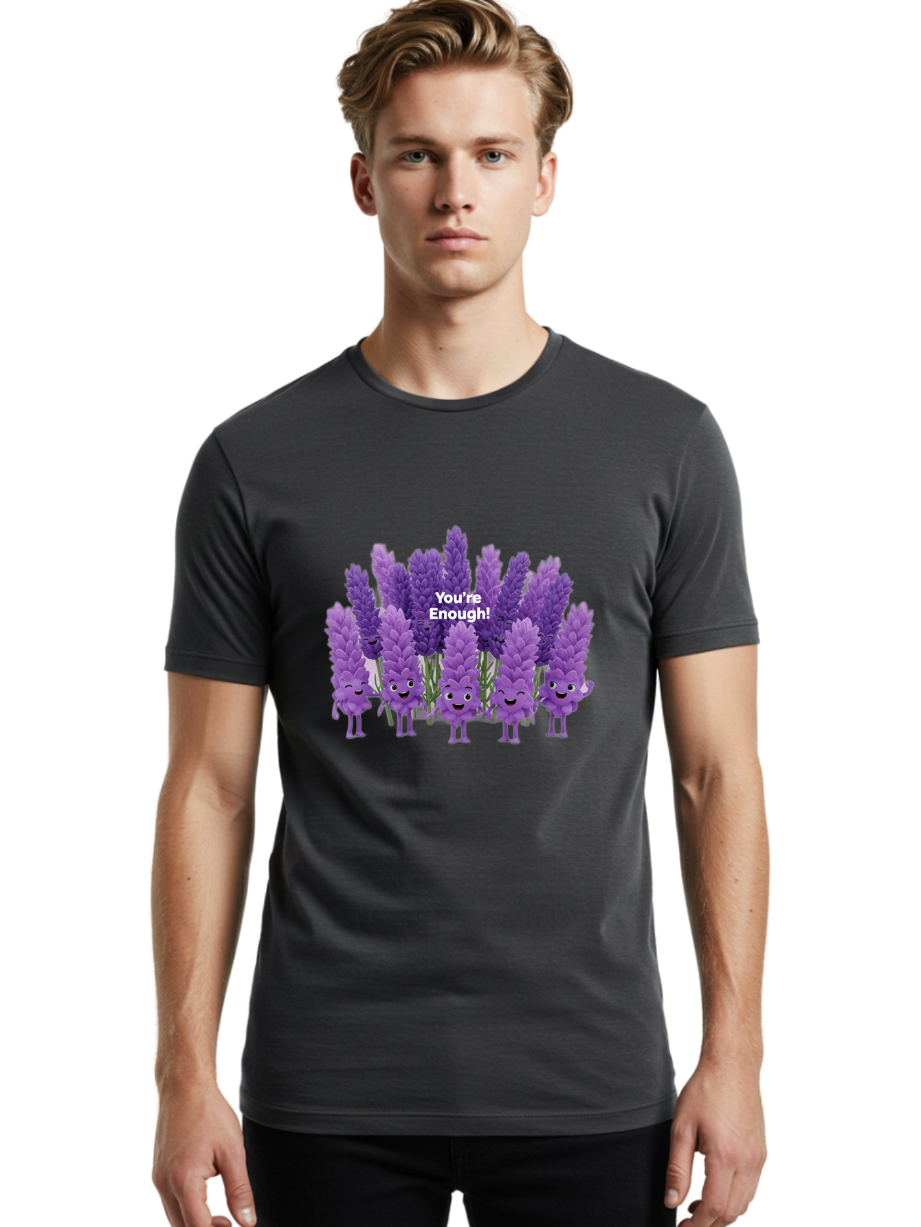 You-Re-Enough-Lavender Men'S Graphic Tee, 100% Cotton, Comfortable Casual Summer Wear, Machine Washable, Lavender Flowers, Happy Cartoon Characters, Purple Blooms, Positive Affirmation, You'Re Enough, Self Love, Mental Wellness, Happy Faces Bae331