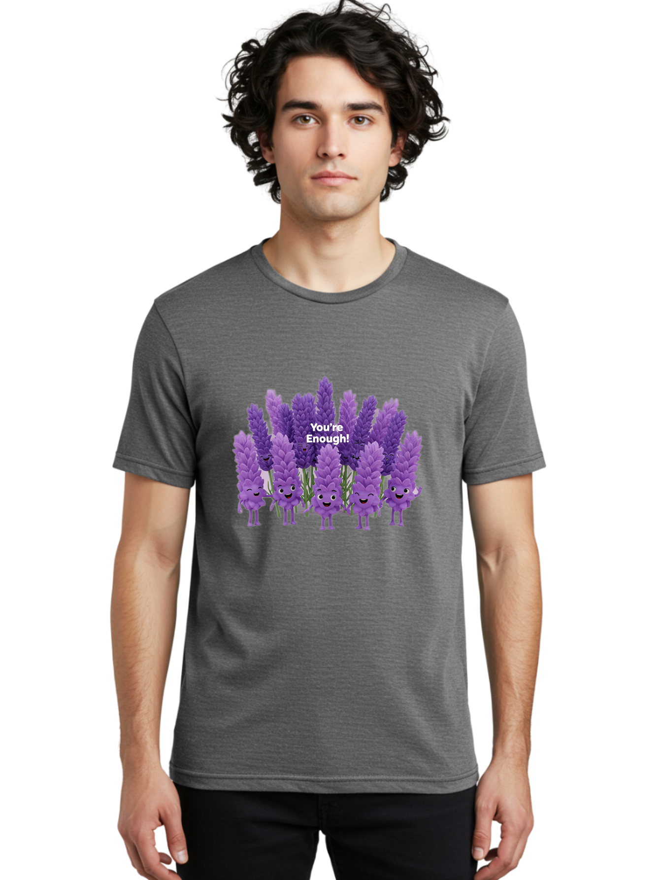 You-Re-Enough-Lavender Men'S Graphic Tee, 100% Cotton, Comfortable Casual Summer Wear, Machine Washable, Lavender Flowers, Happy Cartoon Characters, Purple Blooms, Positive Affirmation, You'Re Enough, Self Love, Mental Wellness, Happy Faces Bae331
