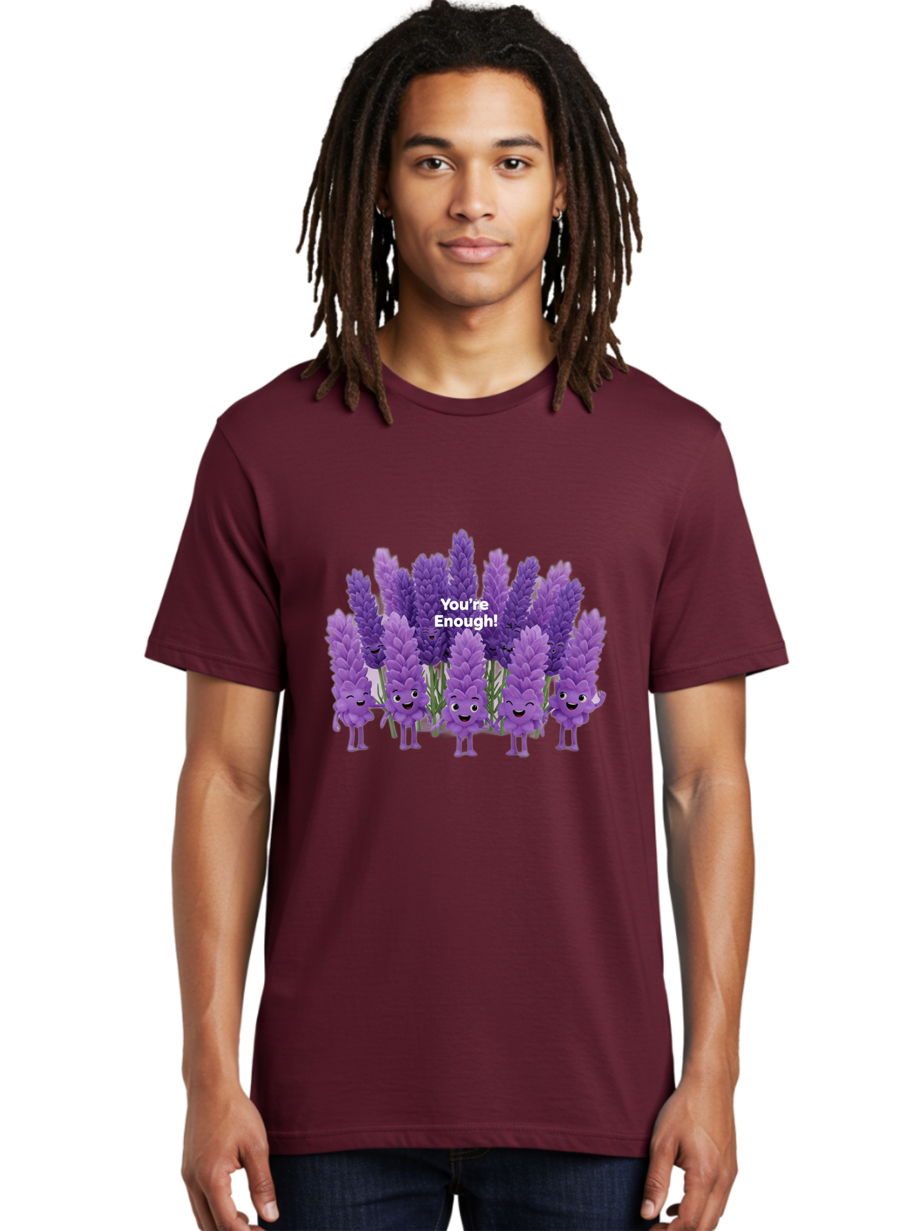 You-Re-Enough-Lavender Men'S Graphic Tee, 100% Cotton, Comfortable Casual Summer Wear, Machine Washable, Lavender Flowers, Happy Cartoon Characters, Purple Blooms, Positive Affirmation, You'Re Enough, Self Love, Mental Wellness, Happy Faces Bae331