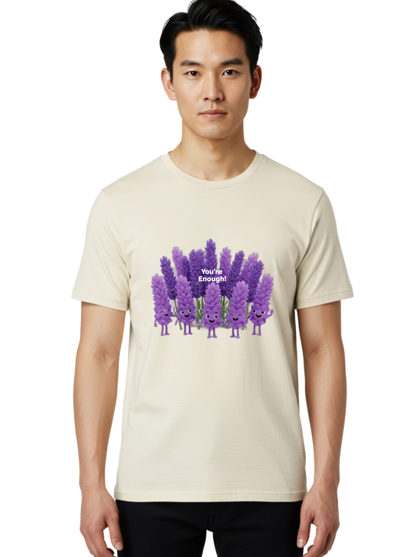 You-Re-Enough-Lavender Men'S Graphic Tee, 100% Cotton, Comfortable Casual Summer Wear, Machine Washable, Lavender Flowers, Happy Cartoon Characters, Purple Blooms, Positive Affirmation, You'Re Enough, Self Love, Mental Wellness, Happy Faces Bae331