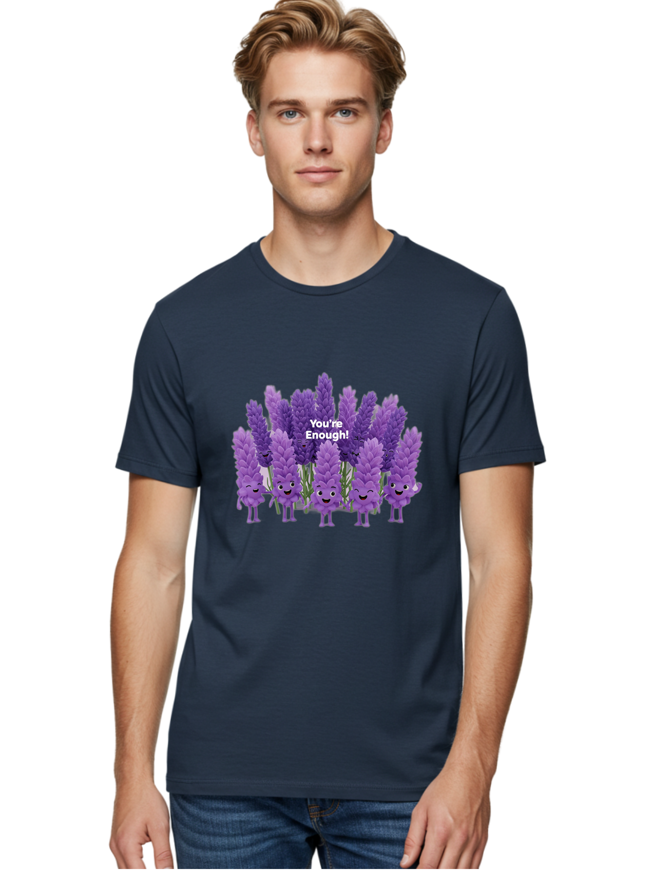 You-Re-Enough-Lavender Men'S Graphic Tee, 100% Cotton, Comfortable Casual Summer Wear, Machine Washable, Lavender Flowers, Happy Cartoon Characters, Purple Blooms, Positive Affirmation, You'Re Enough, Self Love, Mental Wellness, Happy Faces Bae331