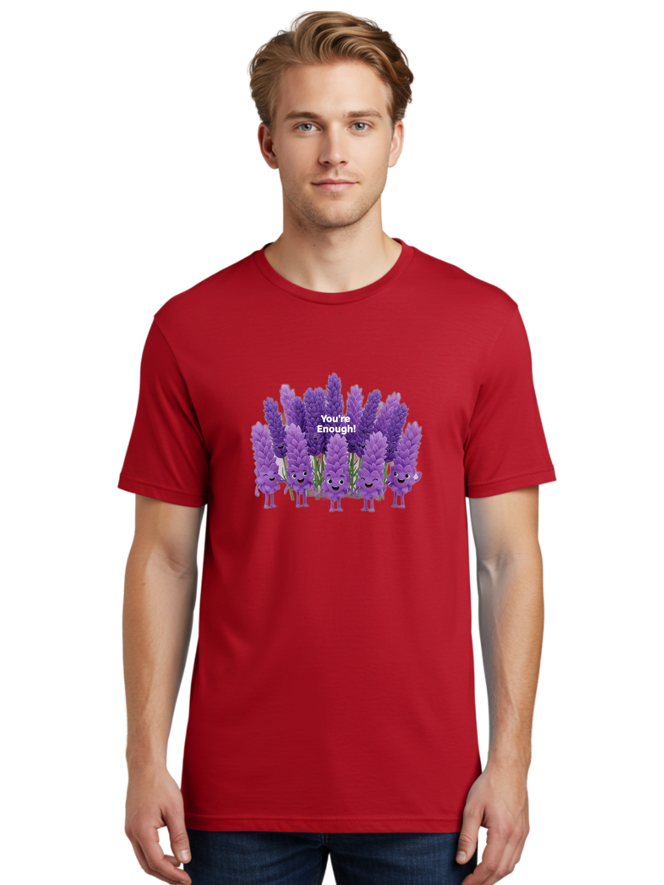 You-Re-Enough-Lavender Men'S Graphic Tee, 100% Cotton, Comfortable Casual Summer Wear, Machine Washable, Lavender Flowers, Happy Cartoon Characters, Purple Blooms, Positive Affirmation, You'Re Enough, Self Love, Mental Wellness, Happy Faces Bae331