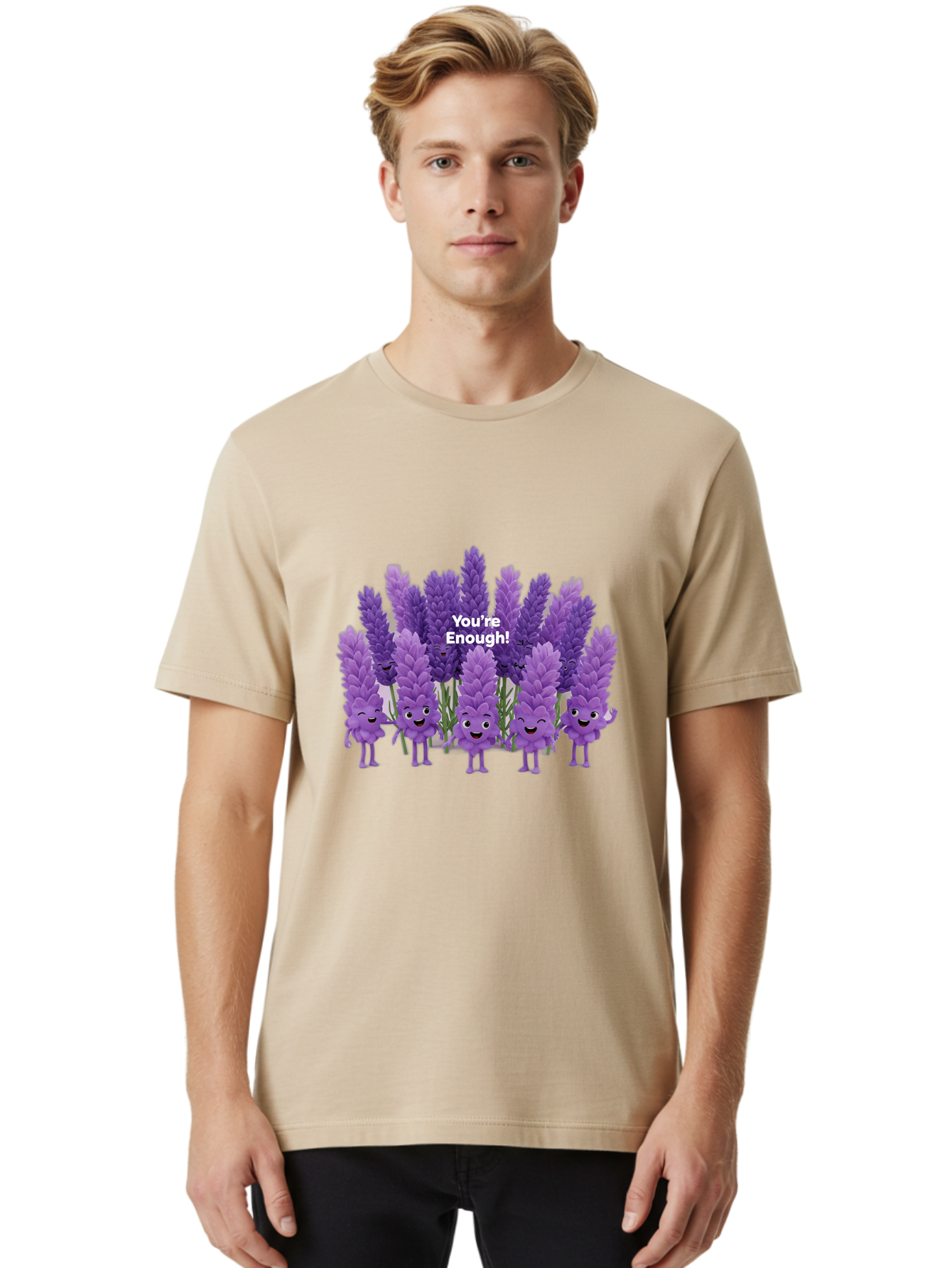 You-Re-Enough-Lavender Men'S Graphic Tee, 100% Cotton, Comfortable Casual Summer Wear, Machine Washable, Lavender Flowers, Happy Cartoon Characters, Purple Blooms, Positive Affirmation, You'Re Enough, Self Love, Mental Wellness, Happy Faces Bae331