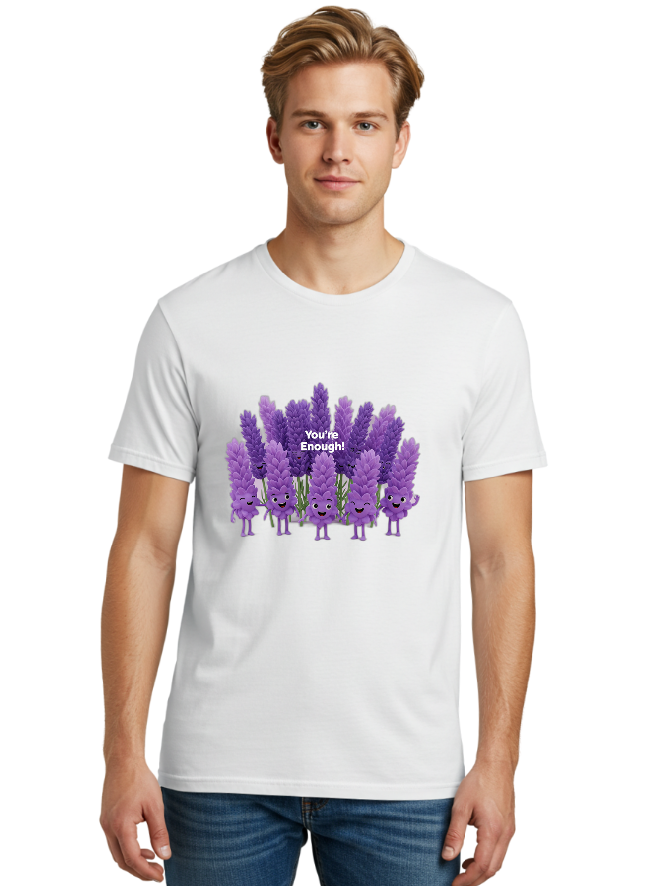 You-Re-Enough-Lavender Men'S Graphic Tee, 100% Cotton, Comfortable Casual Summer Wear, Machine Washable, Lavender Flowers, Happy Cartoon Characters, Purple Blooms, Positive Affirmation, You'Re Enough, Self Love, Mental Wellness, Happy Faces Bae331