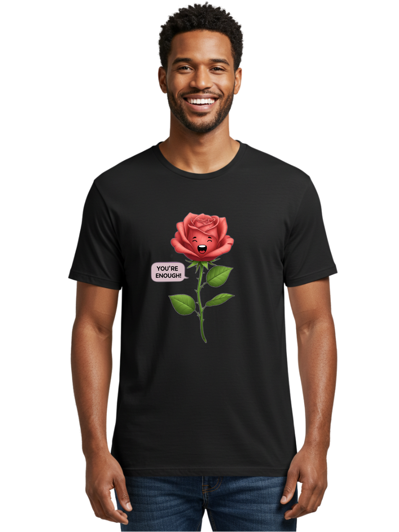 You-Re-Enough-Rose Men'S Graphic Tee, 100% Cotton, Comfortable Casual Summer Wear, Machine Washable, Rose With Face, You'Re Enough! Text, Positive Affirmation, Self-Love, Empowerment, Motivational Quote, Love Yourself, Floral Illustration, Bae332