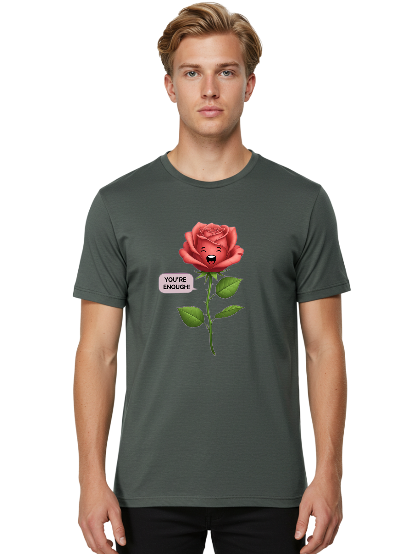 You-Re-Enough-Rose Men'S Graphic Tee, 100% Cotton, Comfortable Casual Summer Wear, Machine Washable, Rose With Face, You'Re Enough! Text, Positive Affirmation, Self-Love, Empowerment, Motivational Quote, Love Yourself, Floral Illustration, Bae332