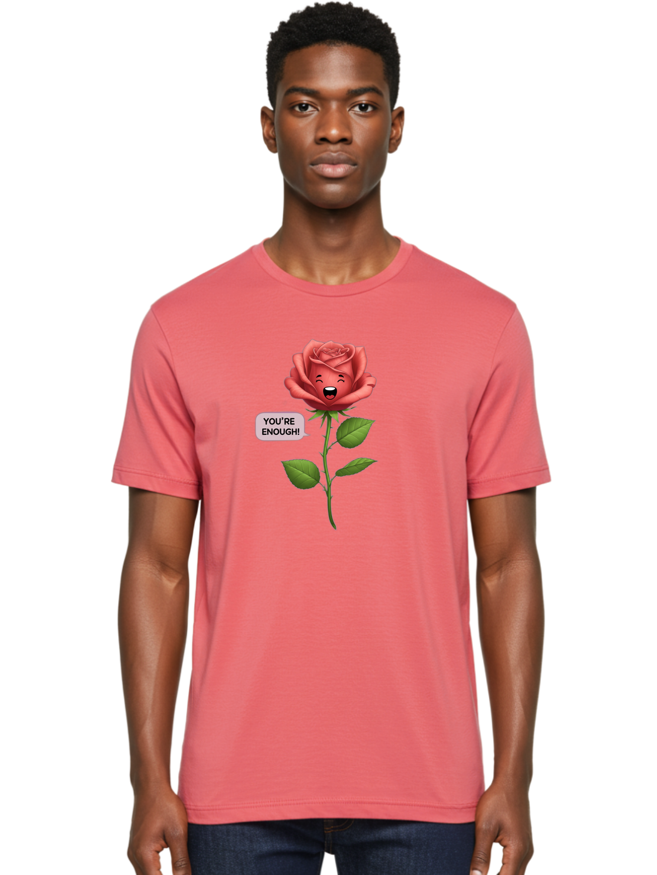 You-Re-Enough-Rose Men'S Graphic Tee, 100% Cotton, Comfortable Casual Summer Wear, Machine Washable, Rose With Face, You'Re Enough! Text, Positive Affirmation, Self-Love, Empowerment, Motivational Quote, Love Yourself, Floral Illustration, Bae332