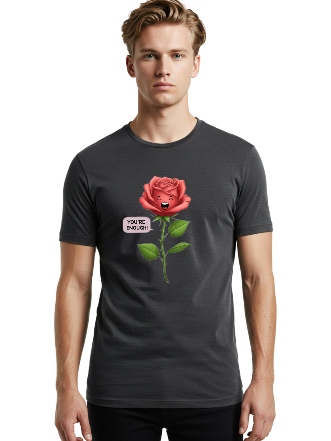 You-Re-Enough-Rose Men'S Graphic Tee, 100% Cotton, Comfortable Casual Summer Wear, Machine Washable, Rose With Face, You'Re Enough! Text, Positive Affirmation, Self-Love, Empowerment, Motivational Quote, Love Yourself, Floral Illustration, Bae332