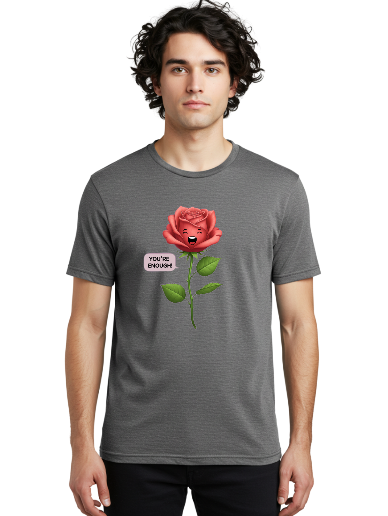 You-Re-Enough-Rose Men'S Graphic Tee, 100% Cotton, Comfortable Casual Summer Wear, Machine Washable, Rose With Face, You'Re Enough! Text, Positive Affirmation, Self-Love, Empowerment, Motivational Quote, Love Yourself, Floral Illustration, Bae332