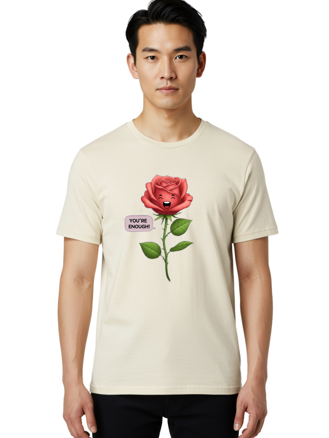 You-Re-Enough-Rose Men'S Graphic Tee, 100% Cotton, Comfortable Casual Summer Wear, Machine Washable, Rose With Face, You'Re Enough! Text, Positive Affirmation, Self-Love, Empowerment, Motivational Quote, Love Yourself, Floral Illustration, Bae332