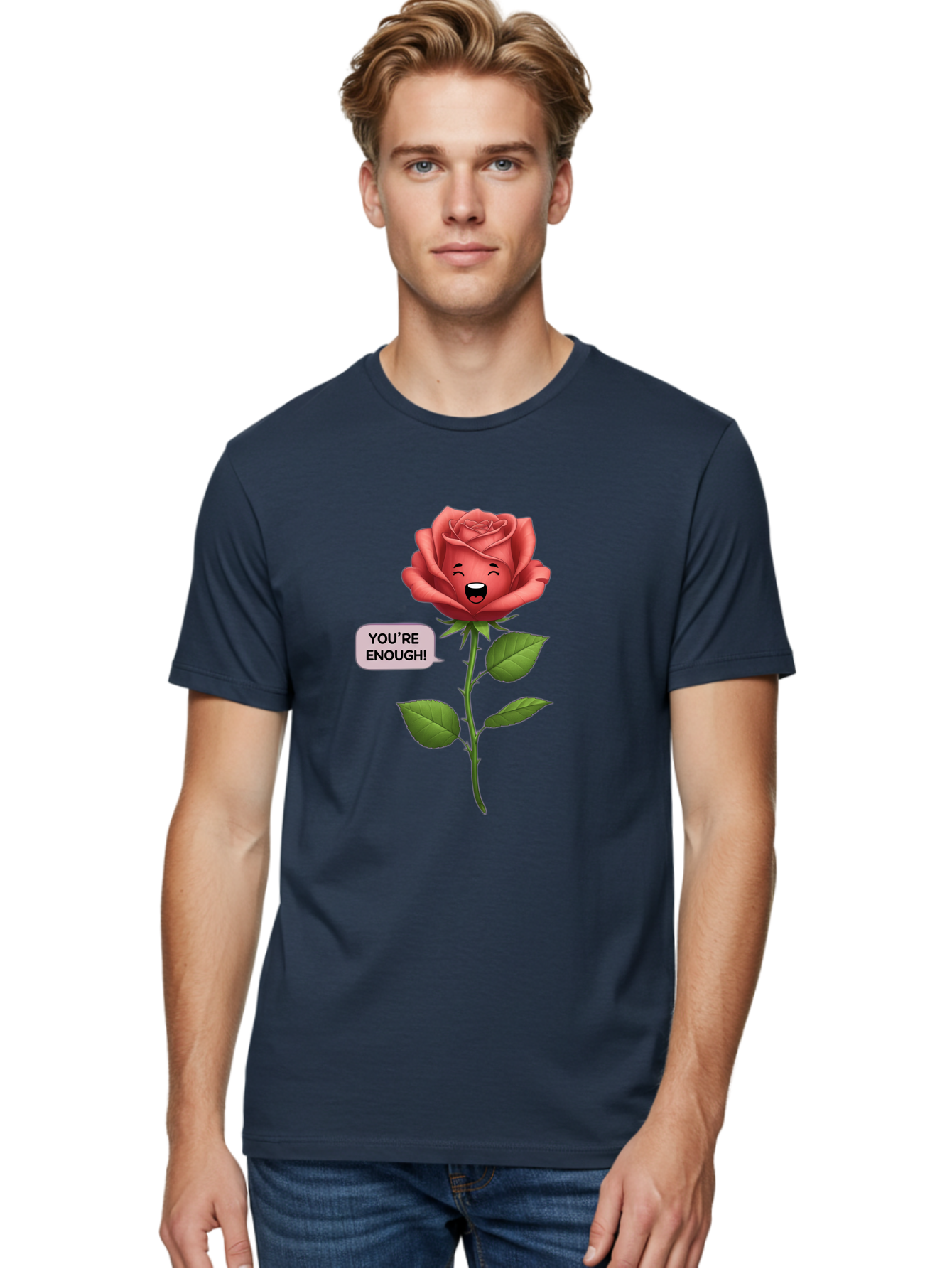 You-Re-Enough-Rose Men'S Graphic Tee, 100% Cotton, Comfortable Casual Summer Wear, Machine Washable, Rose With Face, You'Re Enough! Text, Positive Affirmation, Self-Love, Empowerment, Motivational Quote, Love Yourself, Floral Illustration, Bae332