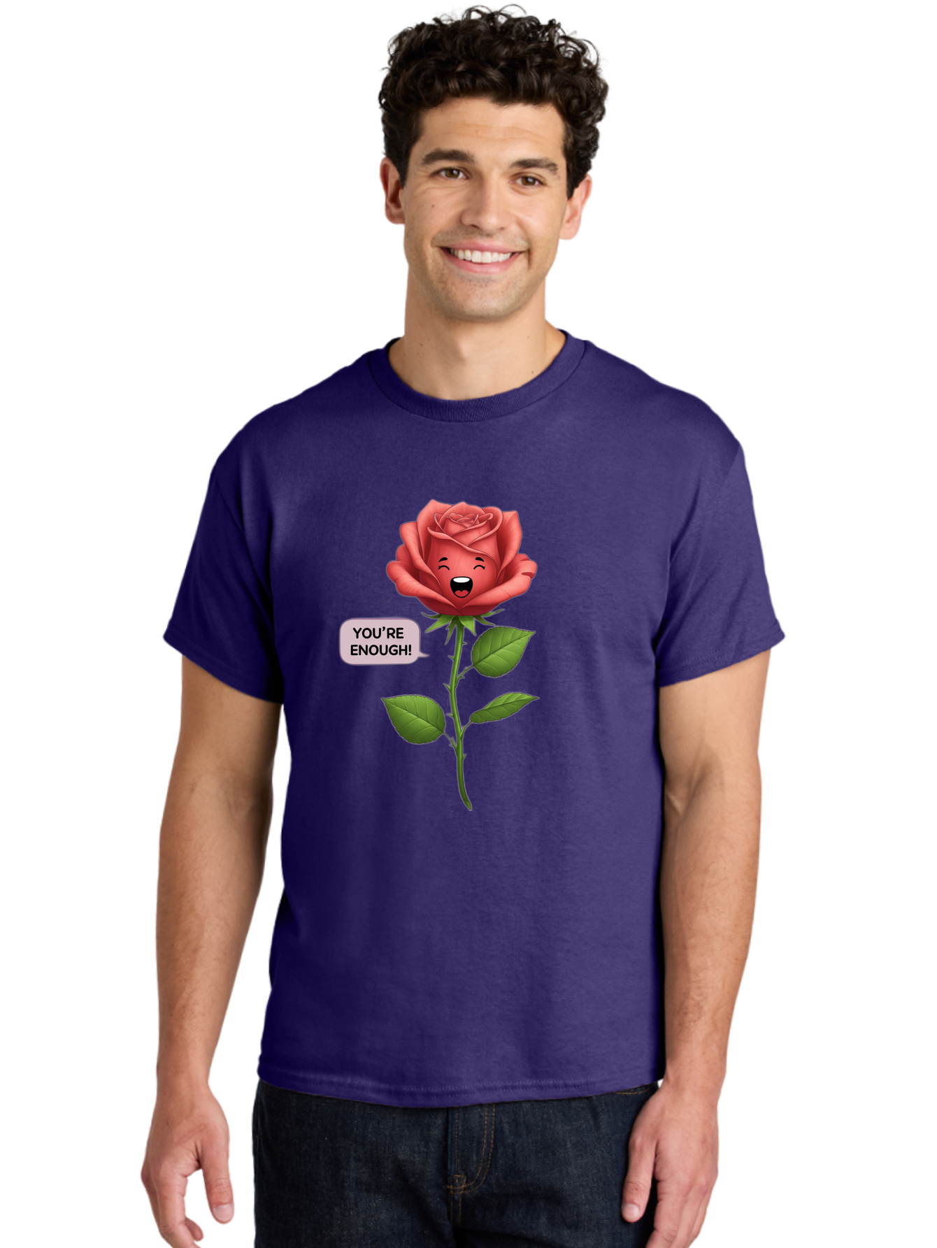 You-Re-Enough-Rose Men'S Graphic Tee, 100% Cotton, Comfortable Casual Summer Wear, Machine Washable, Rose With Face, You'Re Enough! Text, Positive Affirmation, Self-Love, Empowerment, Motivational Quote, Love Yourself, Floral Illustration, Bae332