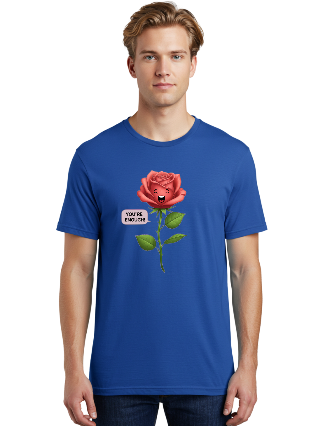 You-Re-Enough-Rose Men'S Graphic Tee, 100% Cotton, Comfortable Casual Summer Wear, Machine Washable, Rose With Face, You'Re Enough! Text, Positive Affirmation, Self-Love, Empowerment, Motivational Quote, Love Yourself, Floral Illustration, Bae332