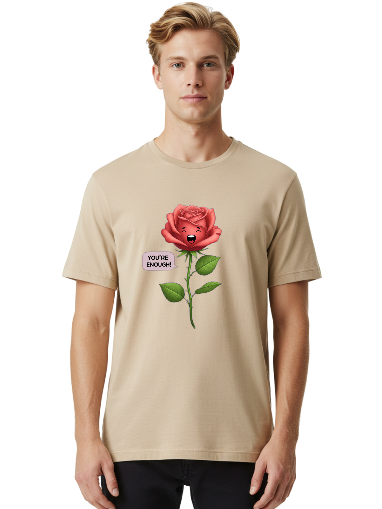 You-Re-Enough-Rose Men'S Graphic Tee, 100% Cotton, Comfortable Casual Summer Wear, Machine Washable, Rose With Face, You'Re Enough! Text, Positive Affirmation, Self-Love, Empowerment, Motivational Quote, Love Yourself, Floral Illustration, Bae332