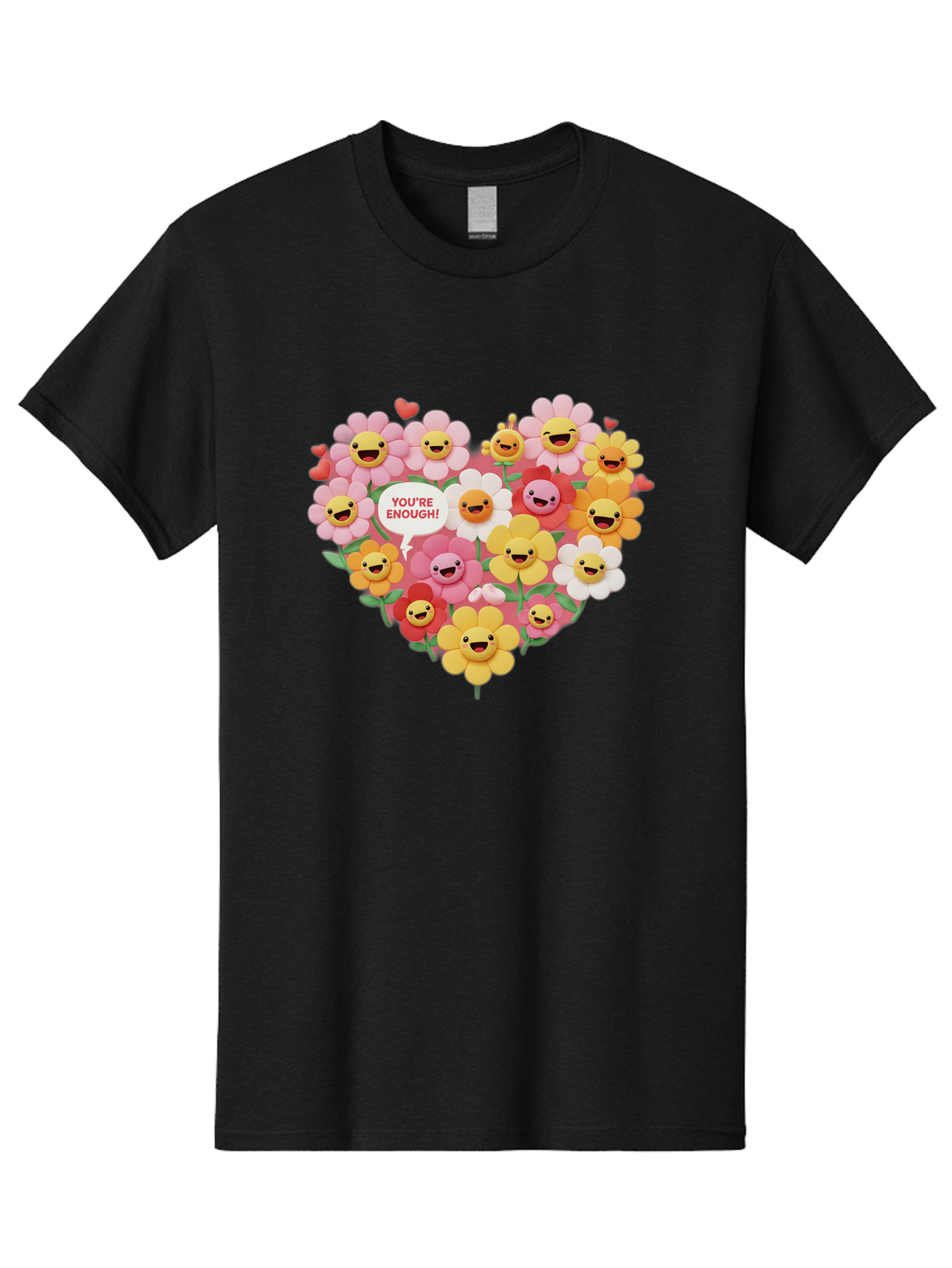 You-Re-Enough Men'S Graphic Tee, 100% Cotton, Comfortable Casual Summer Wear, Machine Washable, Heart-Shaped Arrangement Of Flowers, Smiling Emojis, Positive Affirmation, You'Re Enough, Cute Design, Floral Pattern, Uplifting Message, Bae333