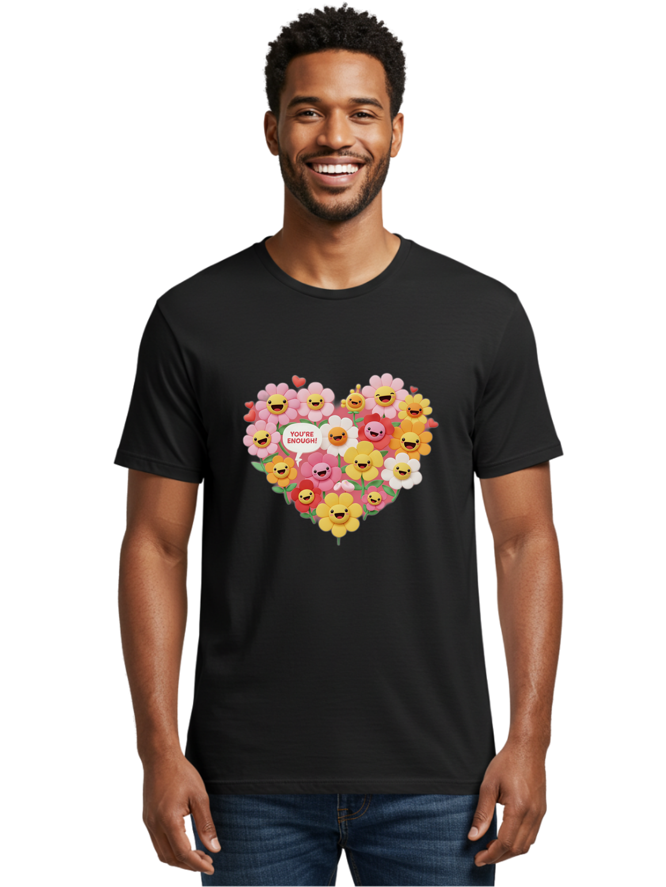 You-Re-Enough Men'S Graphic Tee, 100% Cotton, Comfortable Casual Summer Wear, Machine Washable, Heart-Shaped Arrangement Of Flowers, Smiling Emojis, Positive Affirmation, You'Re Enough, Cute Design, Floral Pattern, Uplifting Message, Bae333
