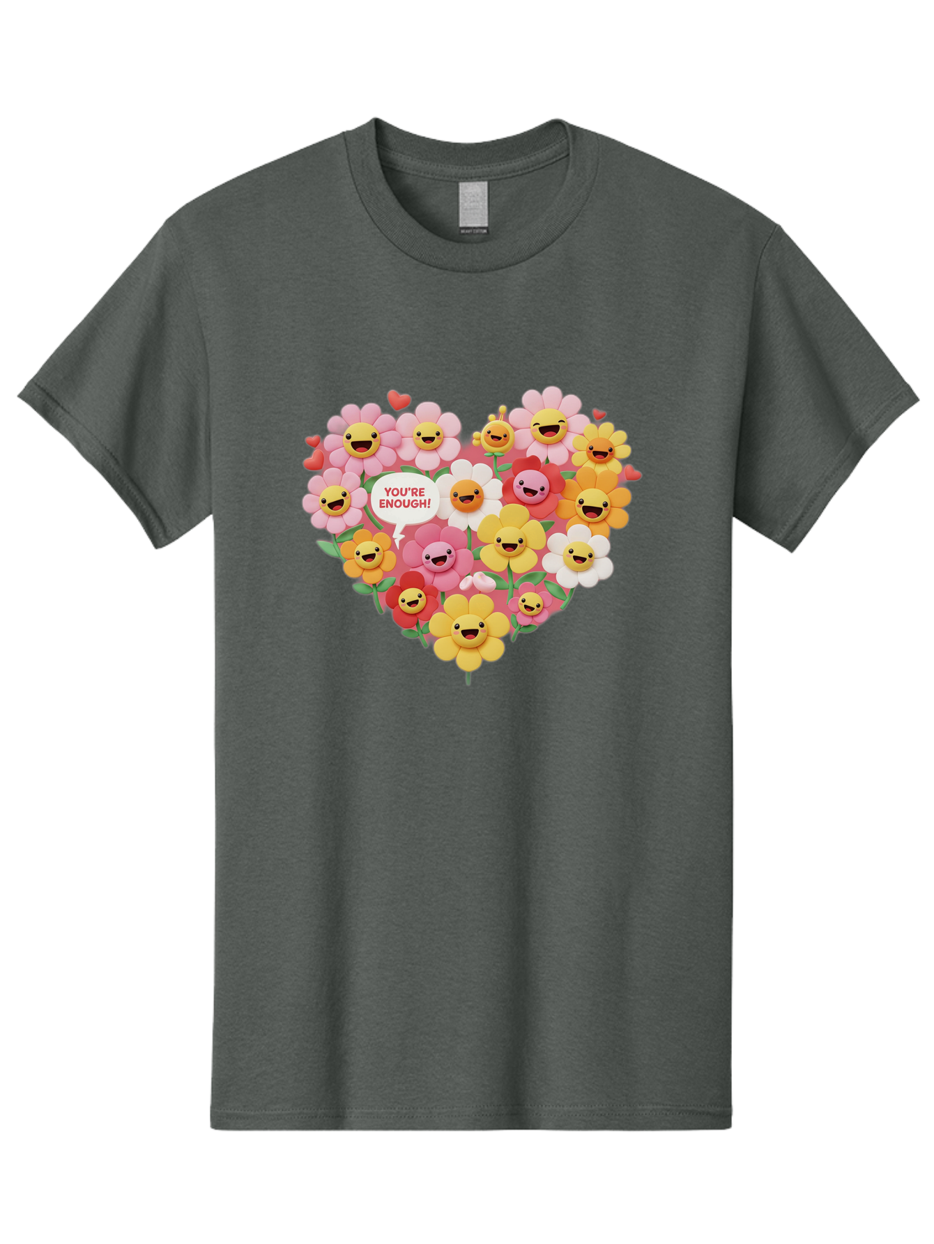 You-Re-Enough Men'S Graphic Tee, 100% Cotton, Comfortable Casual Summer Wear, Machine Washable, Heart-Shaped Arrangement Of Flowers, Smiling Emojis, Positive Affirmation, You'Re Enough, Cute Design, Floral Pattern, Uplifting Message, Bae333